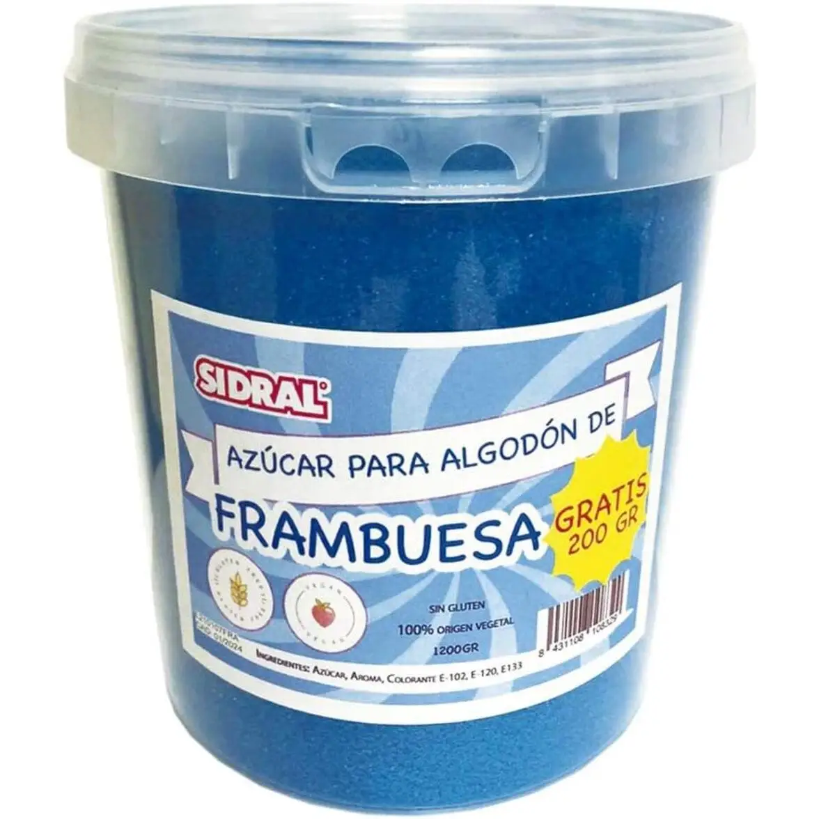 SIDRAL Frambuesa - Algodón de Azúcar 1200 gr (200gr. GRATIS) - Azúcar Aromatizado de Frambuesa Natural - Azúcar de Frambuesa - Ideal para Postres