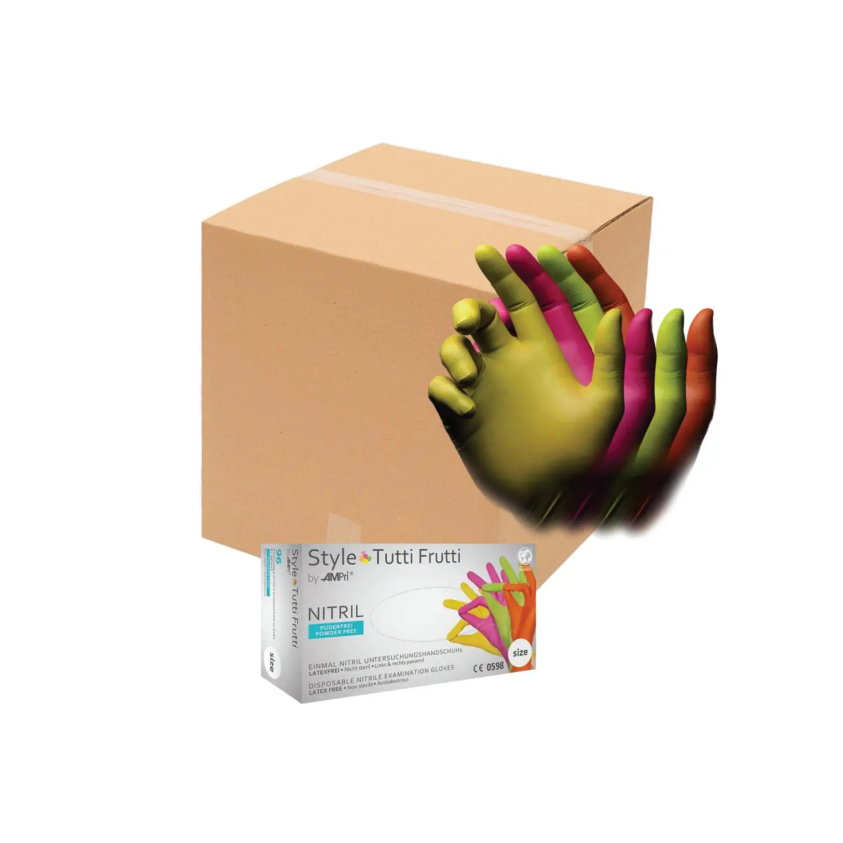 ENVIO GRATIS PACK 10 CAJAS DE 96 Guantes de nitrilo MULTICOLOR, mezcla de colores, sin polvo, estilo tutti frutti AMPRI