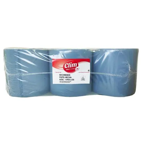Papel secamanos azul ecológico rollo mecha Clim Profesional. Pack 6 rollos