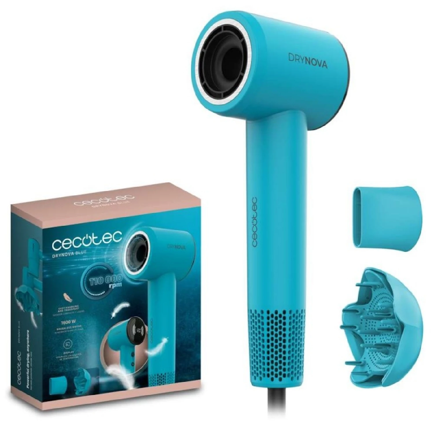 Cecotec Secador de Pelo Compacto y Ligero DryNova Blue Wave. 1600W, 110000RPM, Motor Brushless, Difusor y Concentrador, Generador de Iones, Silencioso y Duradero, 4 Ajustes de Temperatura