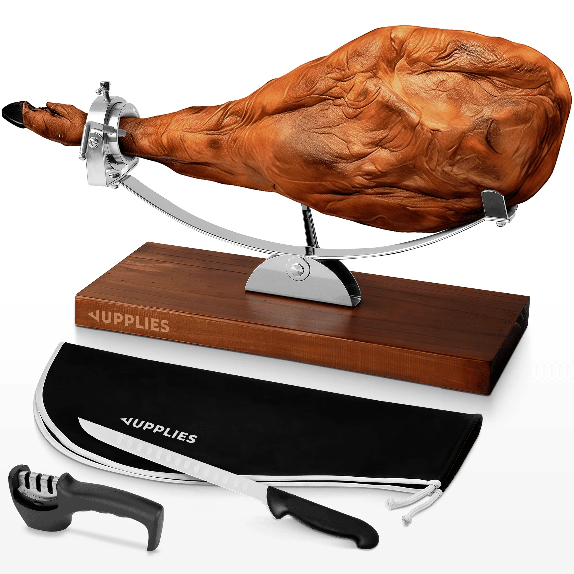 RELAXTY | Soporte para Jamón Basculante y Giratorio con Accesorios | Base de Bambú + Cuchillo y Afilador