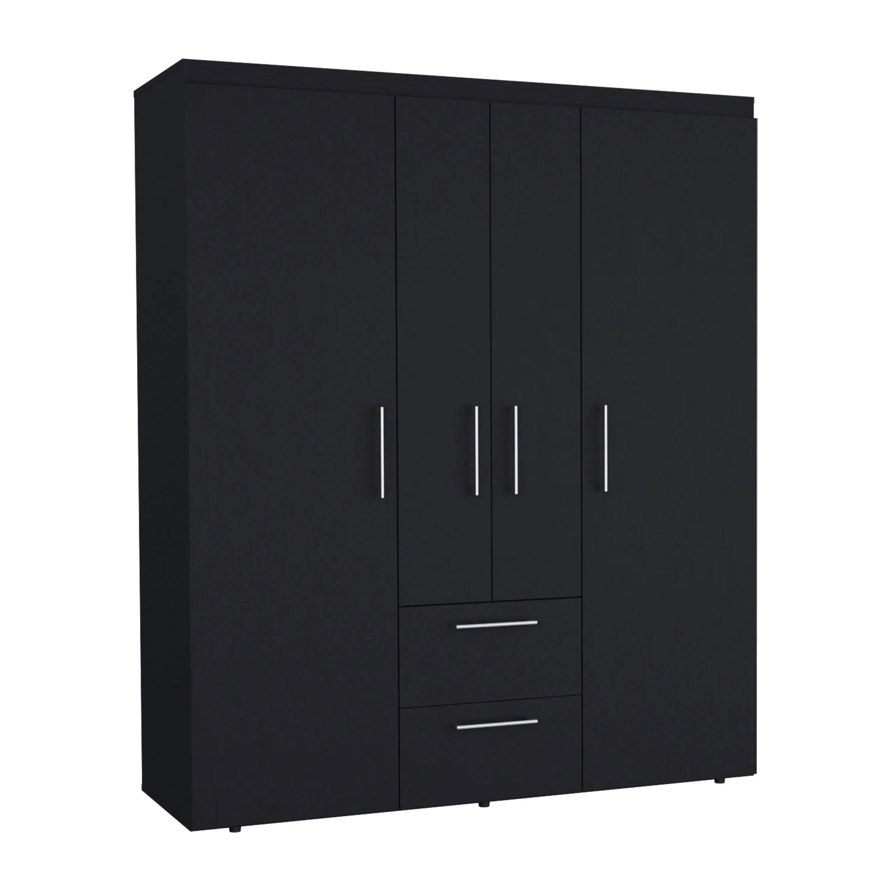 Armario Bariloche en melamina con 4 puertas , 4 estantes , 3 barras para colgar ropa y 2 cajones , negro , 177.9 cm X 150.3 cm X 50.4 cm