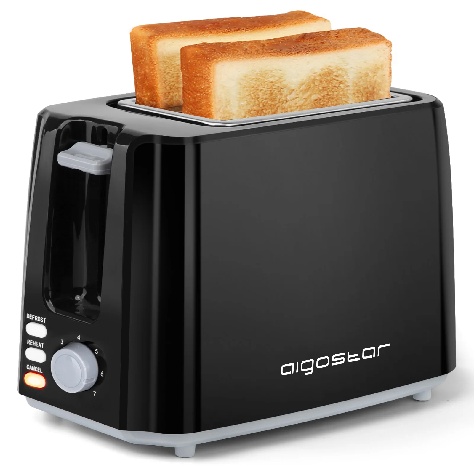 AIGOSTAR Tostadora, 2 Ranuras, 7 Ajustes, Bandeja Recogemigas Desmontable,Descongelación y Recalentar, Apagado Auto.(750W)