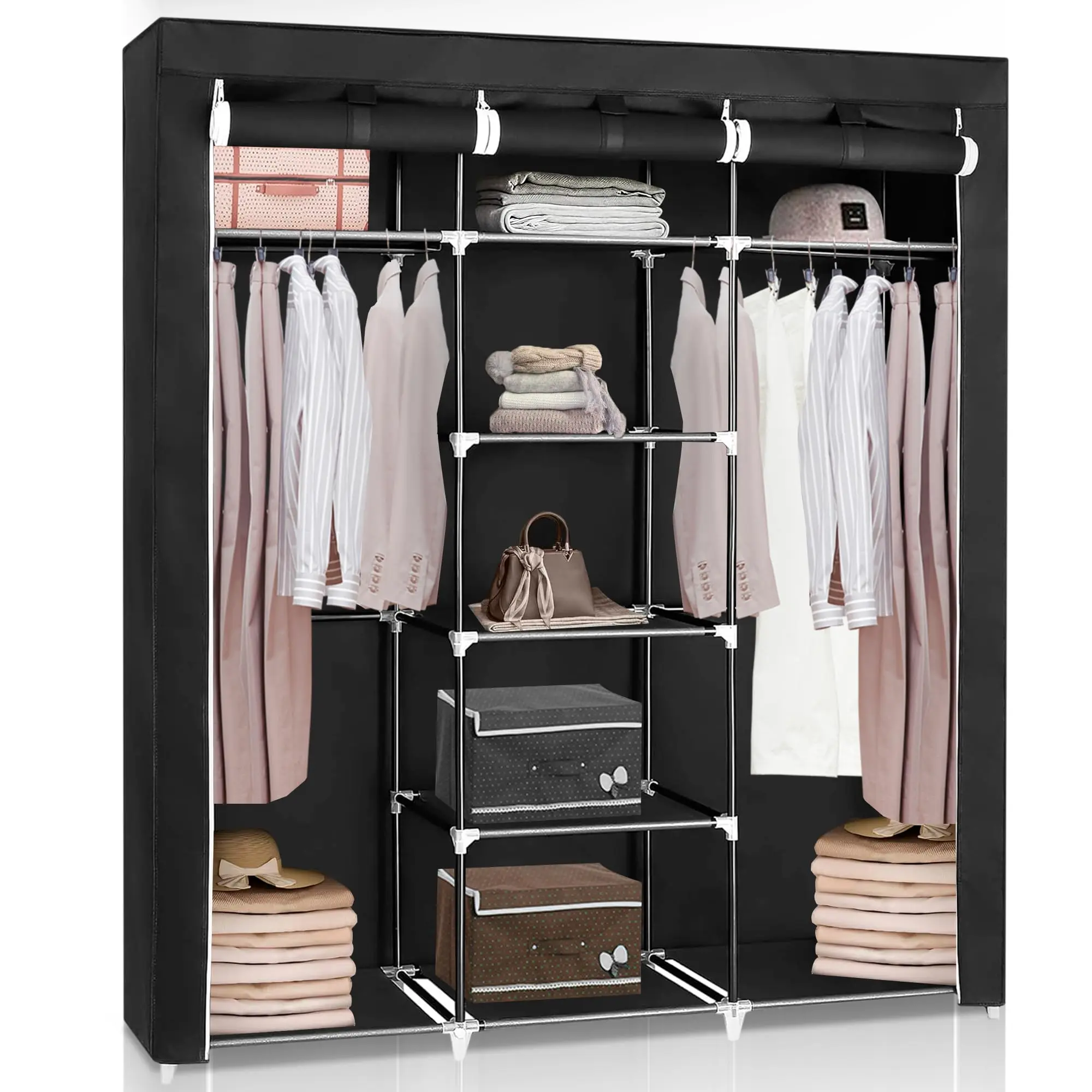 RELAXTY - Armario de Tela con Estanterias para Ropa y Bolsillos Laterales - Portatil Montaje Desmontable