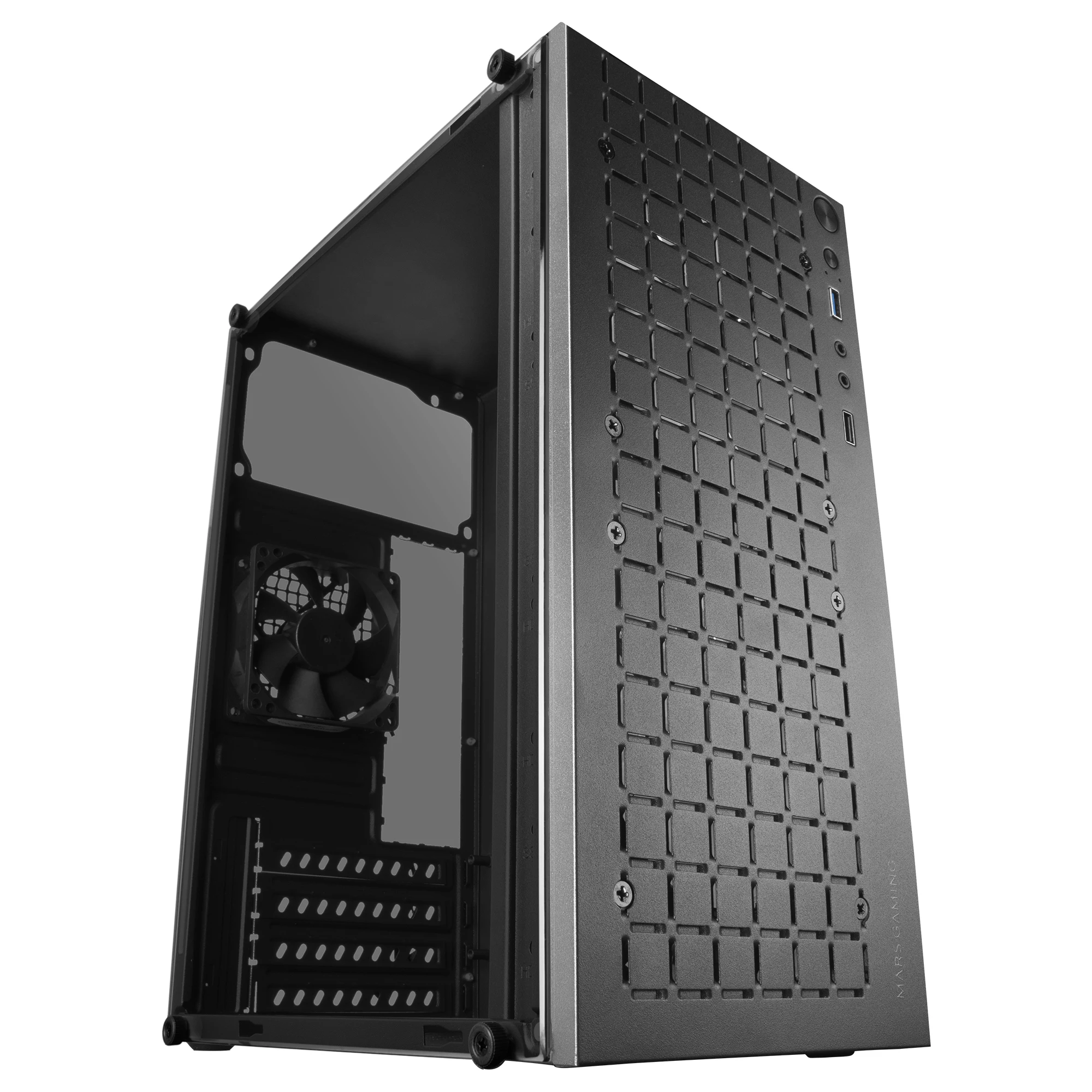 Mars Gaming MC-1000 MicroATX Compact Box Metal Mesh Front Design Full Side Window 1x FDB 80mm ulta-silent fan Black