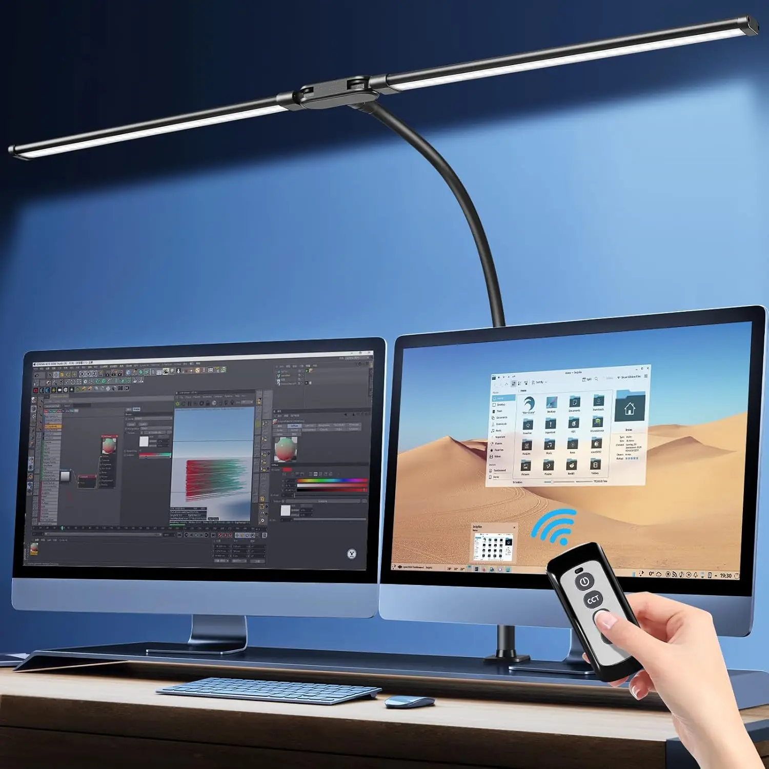 Lámpara de Escritorio LED Dimmable 24W, 75 cm, Doble Cabezal con Mando a Distancia – 2400 Lúmenes, 5 Colores y 10 Niveles de Brillo, Lámpara de Luz Natural con Pinza para Monitor y Mesa
