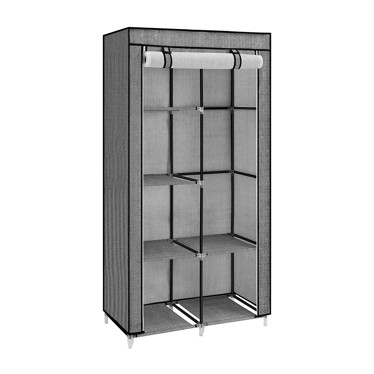 SONGMICS Armario para Ropa, Armario, 6 Niveles, 1 Barras de Ropa, Tela no Tejida, Marco metálico, 45 x 88 x 168 cm, para Dormitorio, Pasillo, vestidor, Negro con Motivos de Espiga/Gris con Motivos de