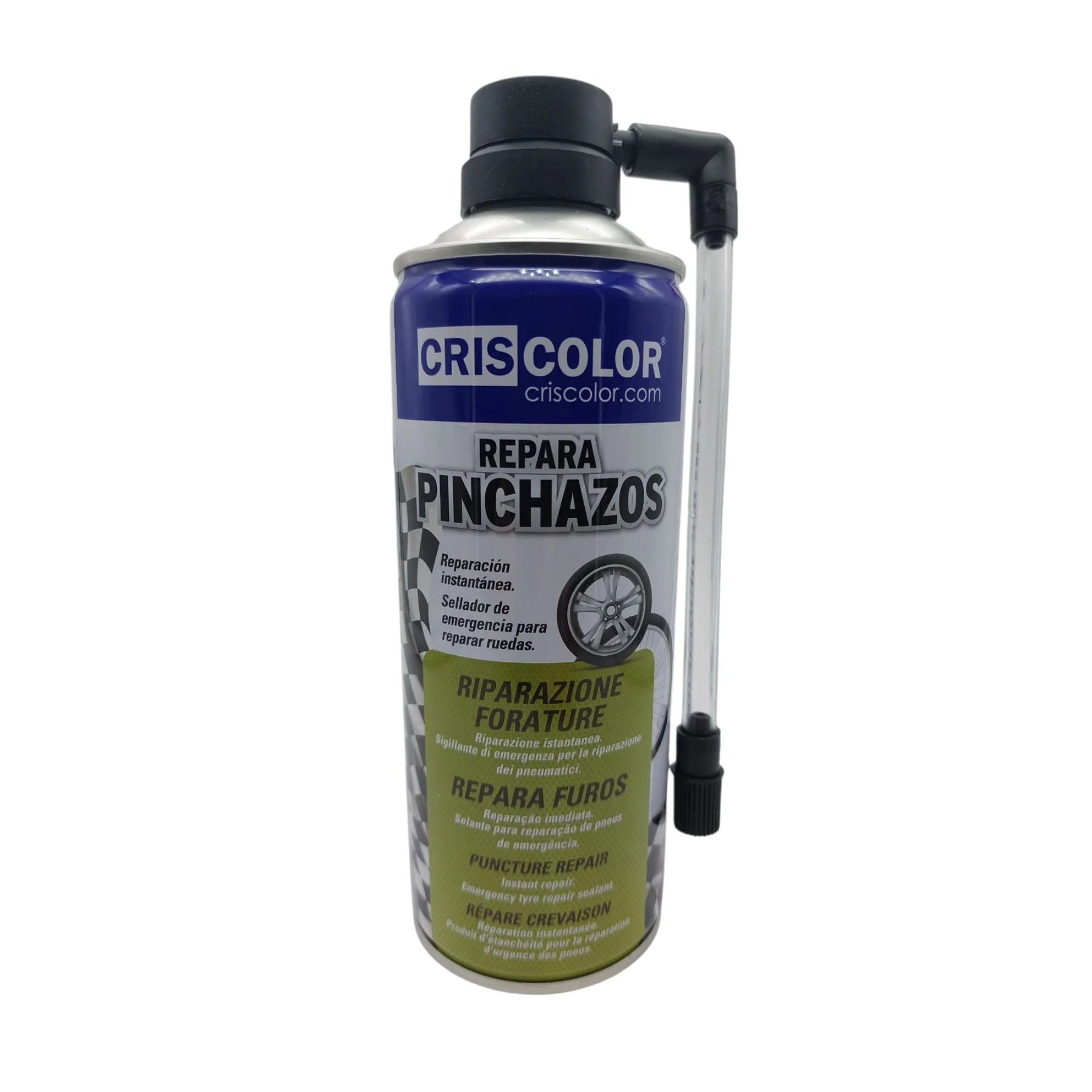CrisColor Spray Reparador de Pinchazos Coche 400ml | Kit Emergencias sin Herramientas | Sella Neumáticos Rápido | Portátil y Universal
