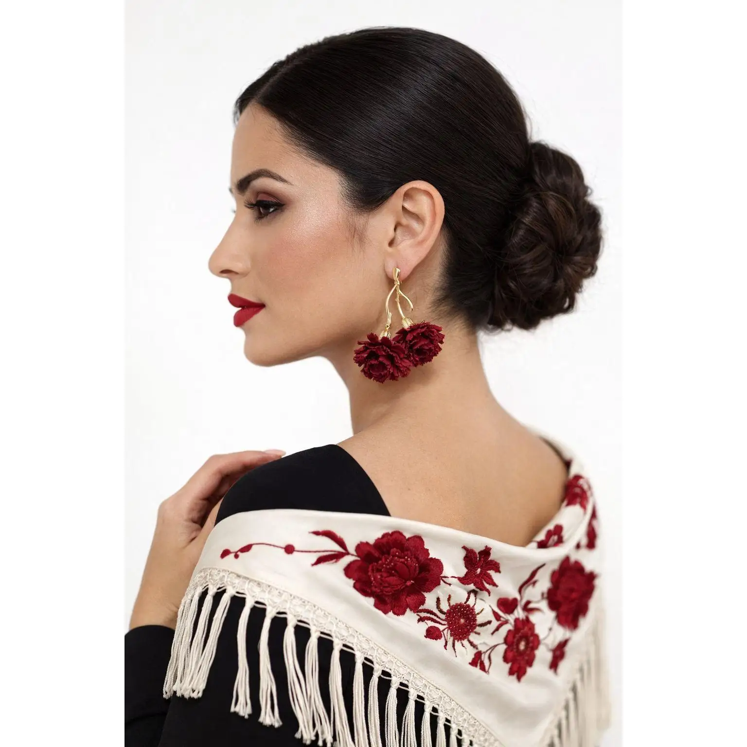 Pendientes flor burdeos elegantes para mujer pendientes largos dorados estilo flamenca, fiesta ,boda y eventos