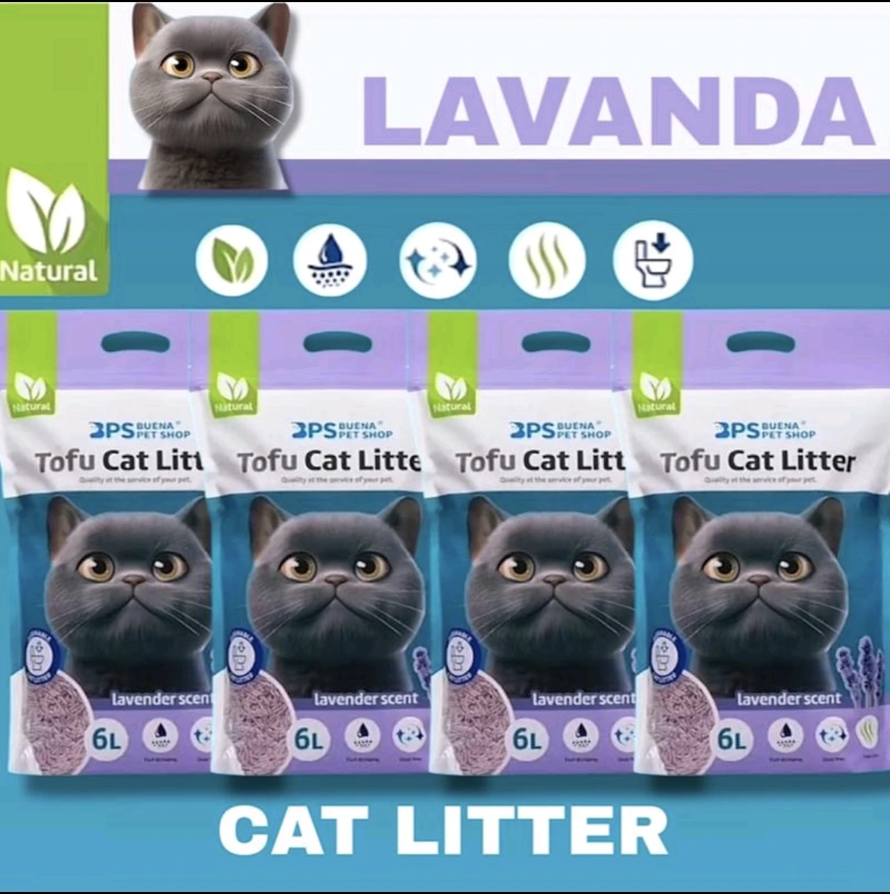 PACK DE 4 ARENA TOFU LAVANDA PARA GATO PACK AHORRO ARENA AGLOMERANTE PARA GATO SIN POLVO FACIL DE AGLOMERAR SE DISUELVE EN INDORO