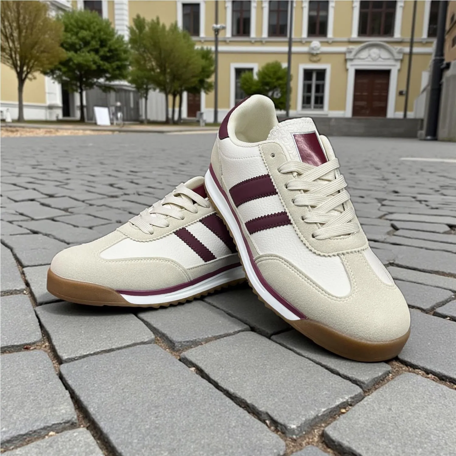Combined Beige Sneakers by NATALIA, women's shoes with two stripes, featuring a comfortable design perfect for outdoor activities and versatile for spring and autumn wear.
