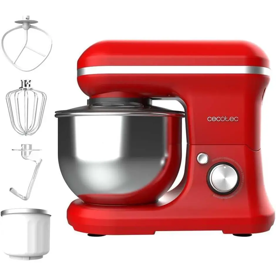 Cecotec Batidora Amasadora Cecomixer Merengue 5L 1200 Ice-Cream Rojo, 1200 W, 5 Función y Hielo, Bol de Acero de 5 L y Accesorios para Batir y Amasar, Incluye Función para Hacer Helado
