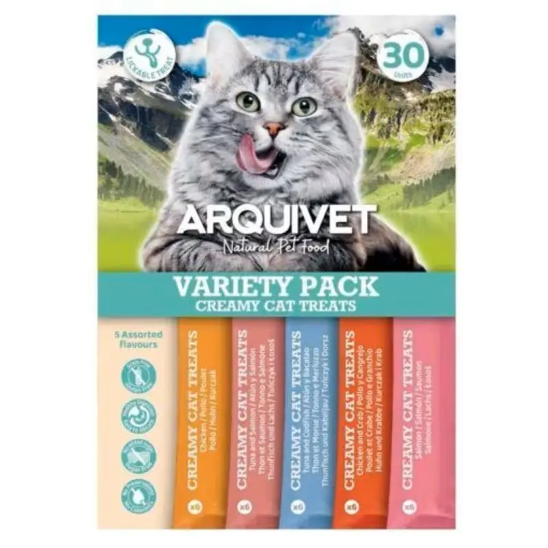 Arquivet Snacks Cremosos Gatos - Variety Pack 30 unidades de 5 Sabores Sin Cereales Pack Ahorro 30 unidades Arquivet Snacks Cremosos para Gatos: 5 Sabores en un Solo Pack