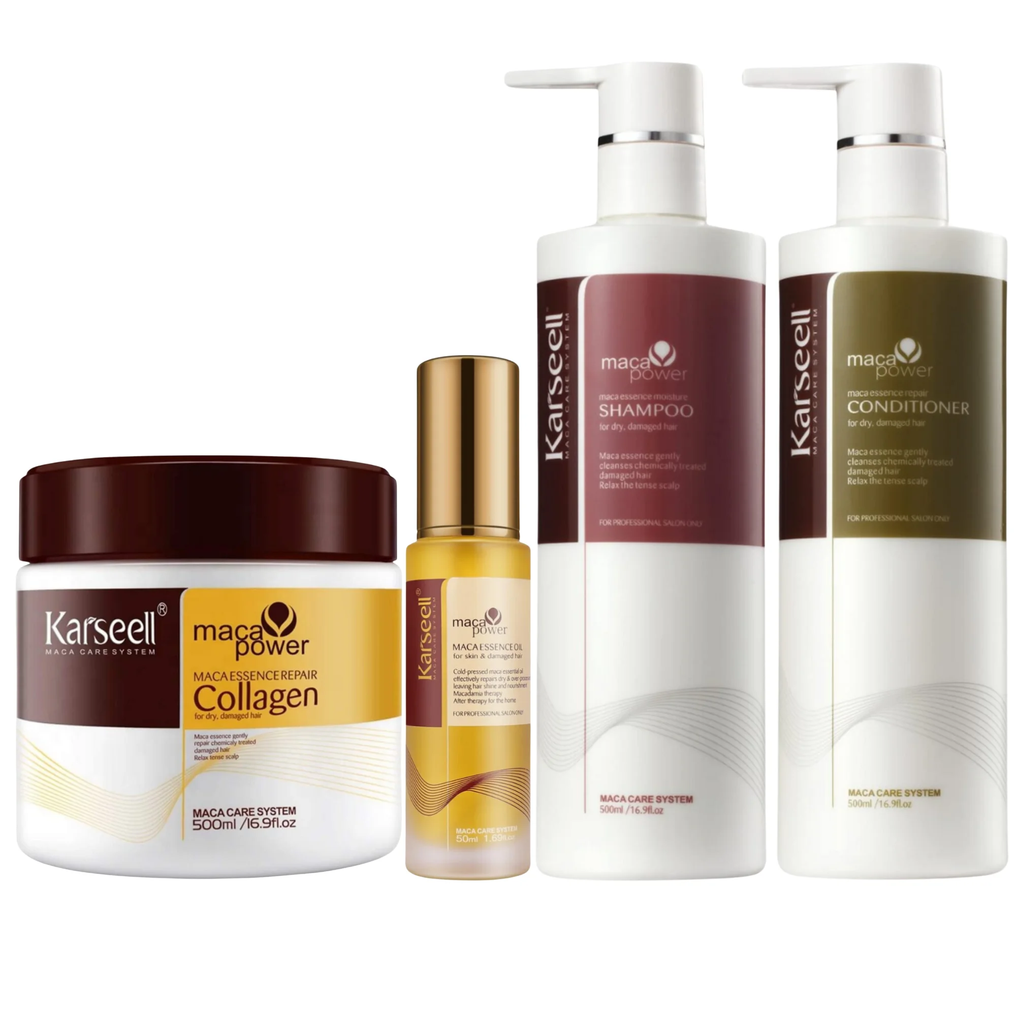 KARSEELL - Set Cuidado Capilar 1 Mascarilla Capilar 500ml. + 1 Aceite de Argán 50ml. + 1 Champú Hidratante 500ml. + 1 Acondicionador Reparador 500ml. Colágeno Aceite de Argán Esencia de Maca Reparación Capilar Cabello Seco y Dañado