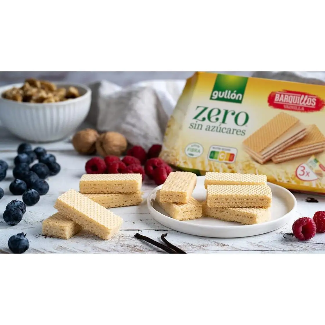 Gullon Zero wafer without sugar vanilla flavor-contains 12 units of 180g or 60g each-three layers of thin vanilla cream separated by a delicious wafer. Are high in fiber and ZERO sugars