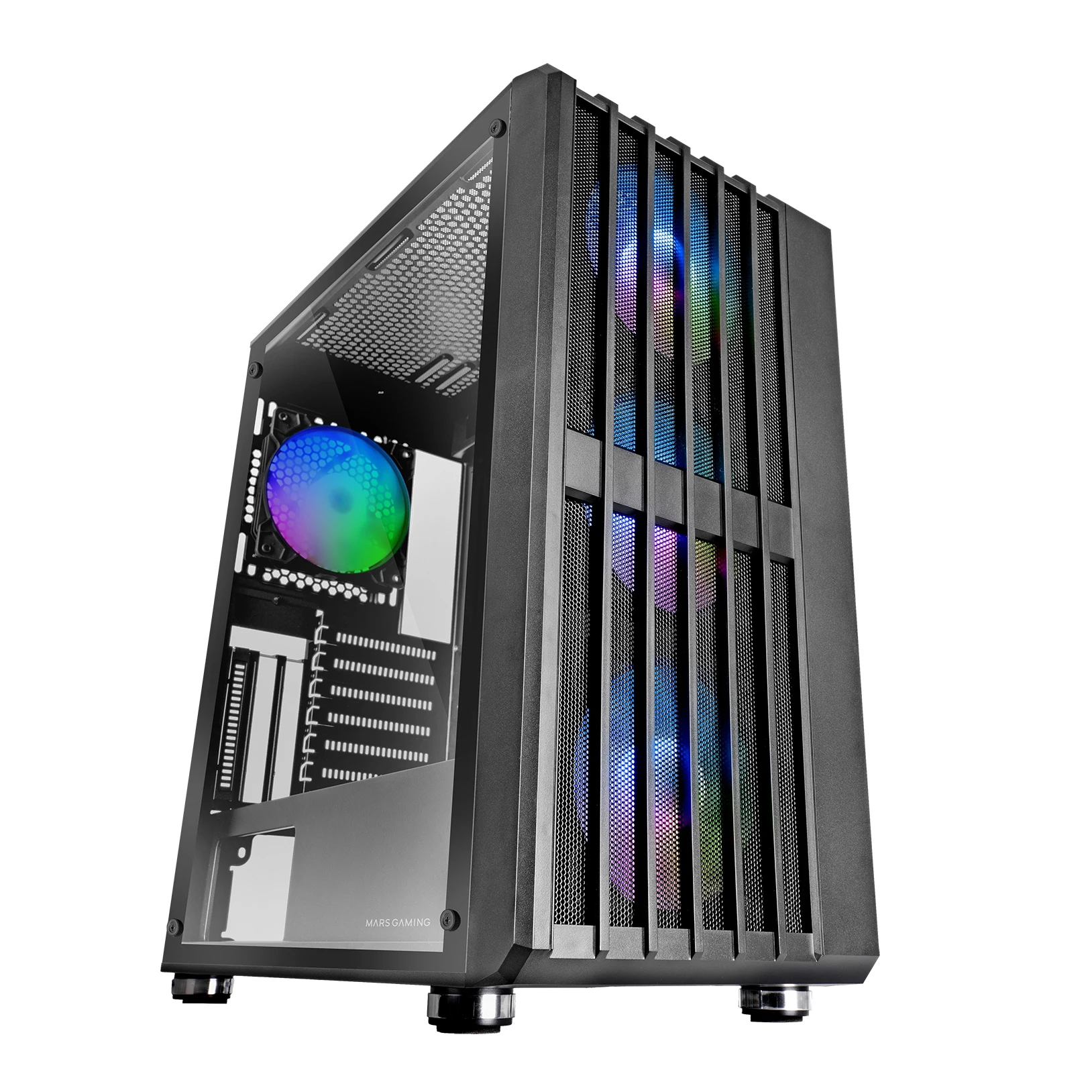 Mars Gaming MC-VAULT, Caja Gaming ATX, 4X Ventiladores ARGB 120mm, Panel Frontal Mesh con Diseño Vertical, Ventana Lateral Cristal Templado, 3X Slots PCI Verticales, Semitorre PC Profesional, Caja PC