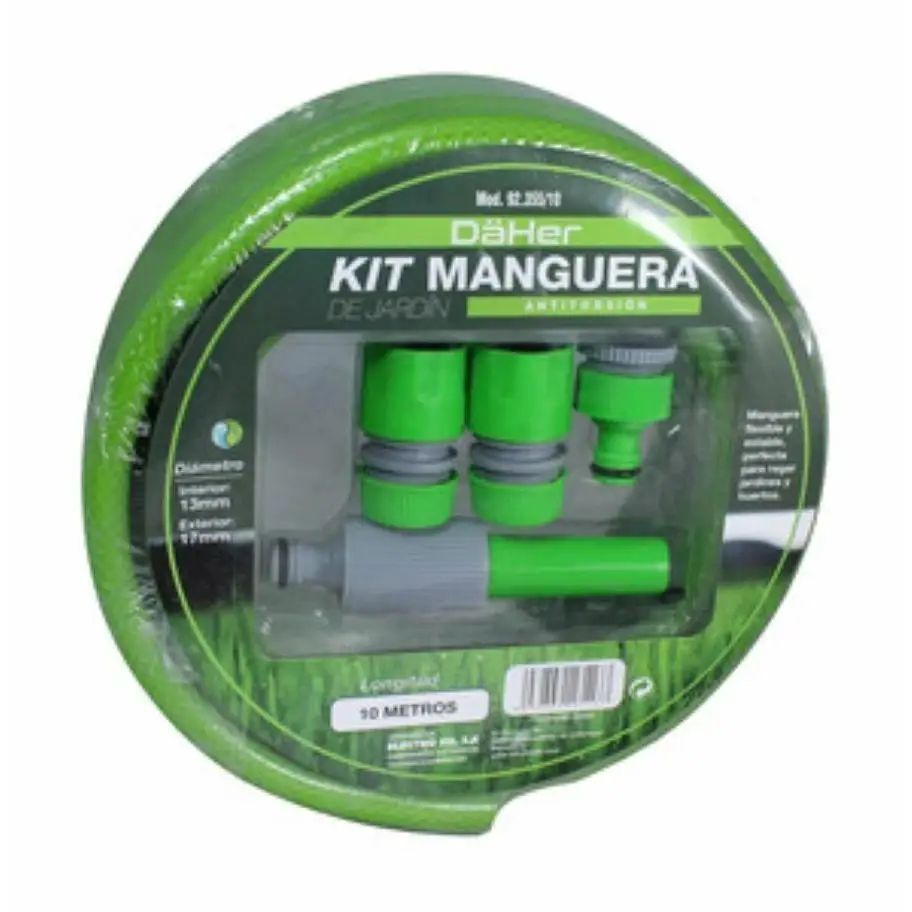 Kit manguera jardin 10m, antitorsion, incluye accesorios, soporte