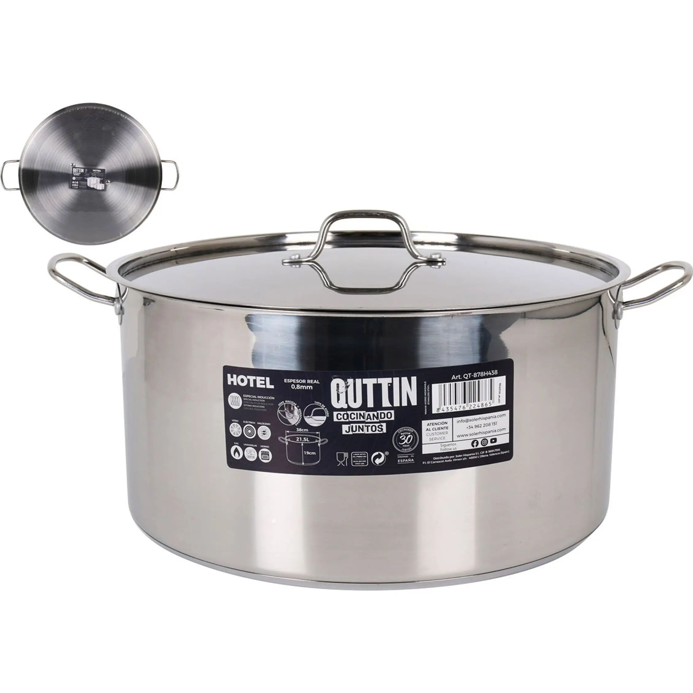 Quttin - Pentola con Coperchio in Acciaio Inox Industriale, 38 cm/0,8 mm/21,5 L - Resistente e Durevole