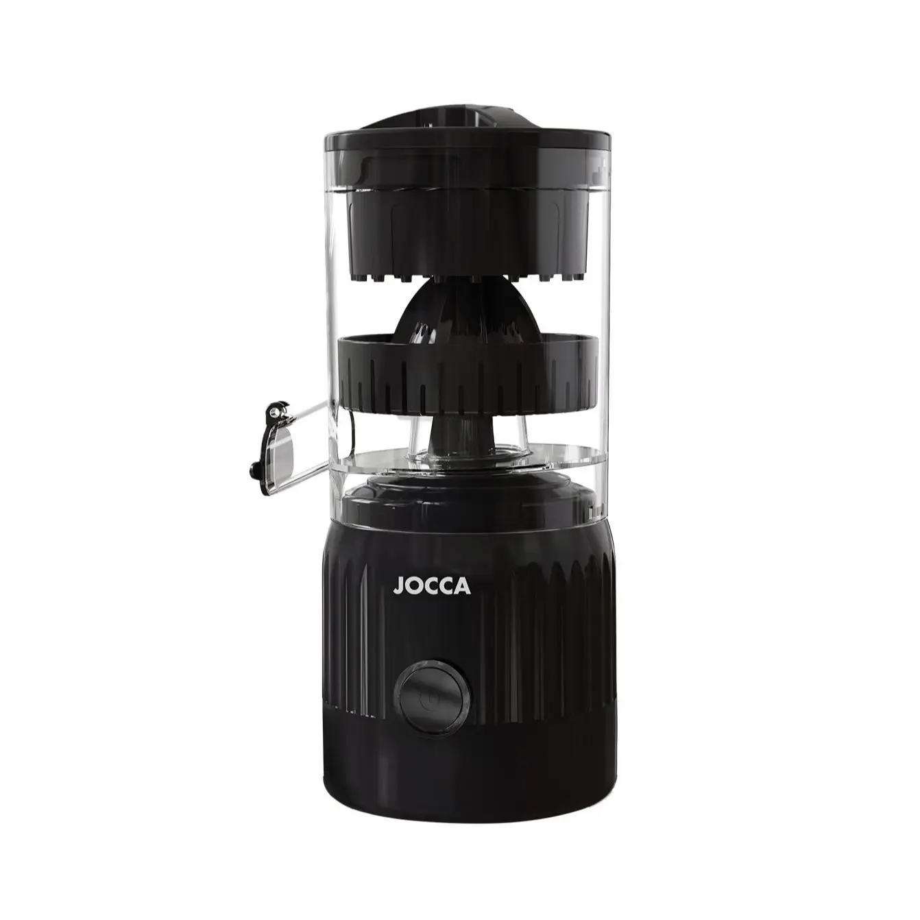 Exprimidor automático Jocca Elegance recargable. Exprime sin esfuerzo, sin residuos ni sabor residual. Preserva la fibra. Diseño compacto en color negro, fácil de guardar. Batería 2x1300mAh. Ideal