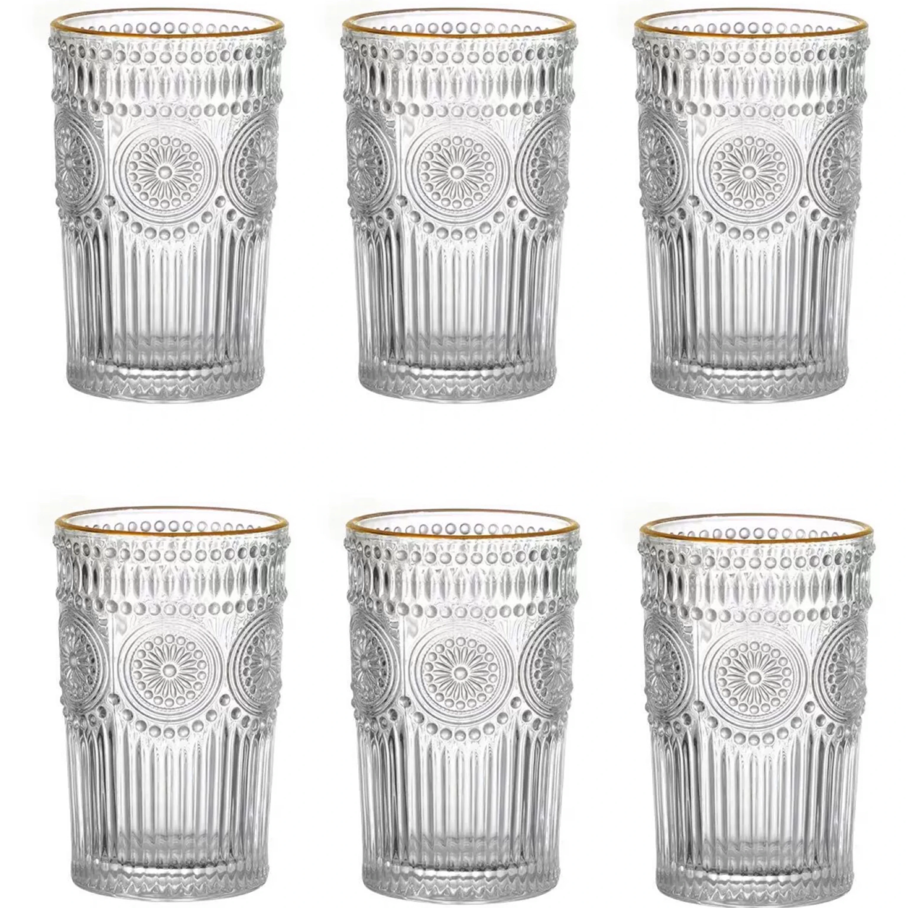 TRESV Set de 6 Vasos Colores y Transparentes de Cristales de 270ml, 300ml y 330ml con Patrón Girasol