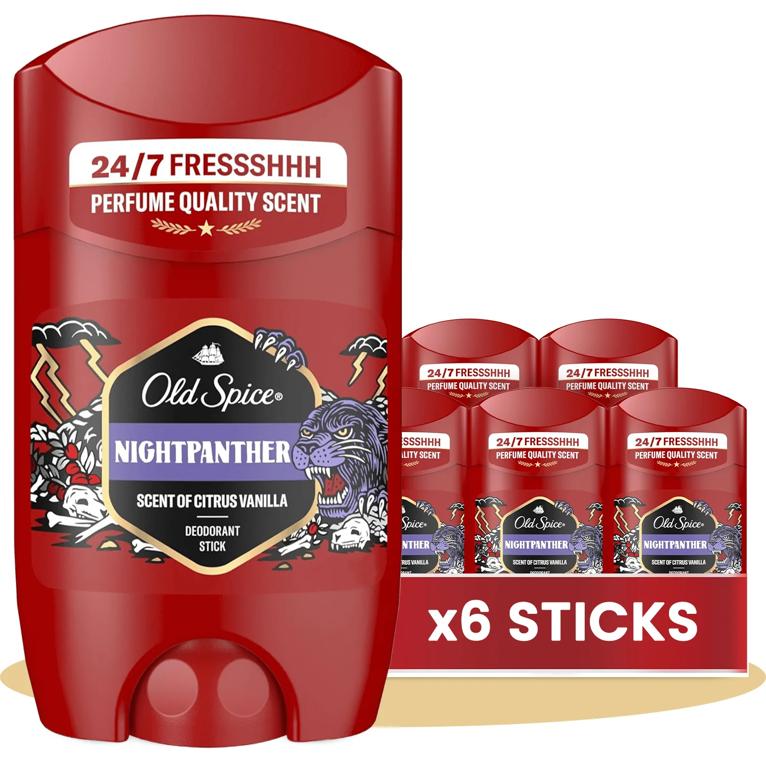 Old Spice Night Panther Pack 6 Desodorante en Barra Para Hombres, Fresco 24 Horas, Ideal para Uso Diario, Perfume Duradero, Sin Aluminio, Fragancia Excepcional a Chocolate Negro y Vainilla, Protección Contra El Mal Olor, 50ml por Barra