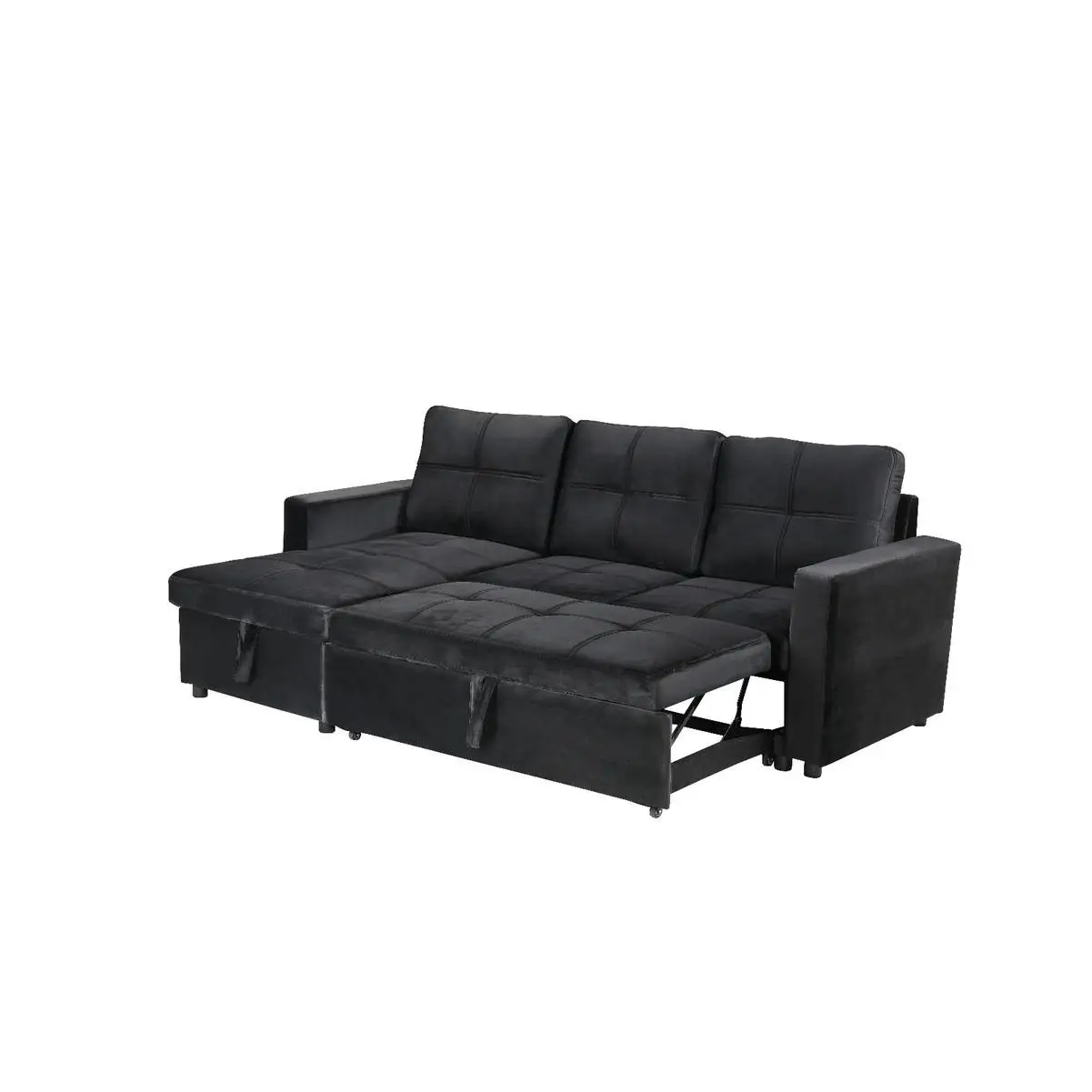 Sofa cama con arcon y chaise longue PAU 3 plazas color negro terciopelo