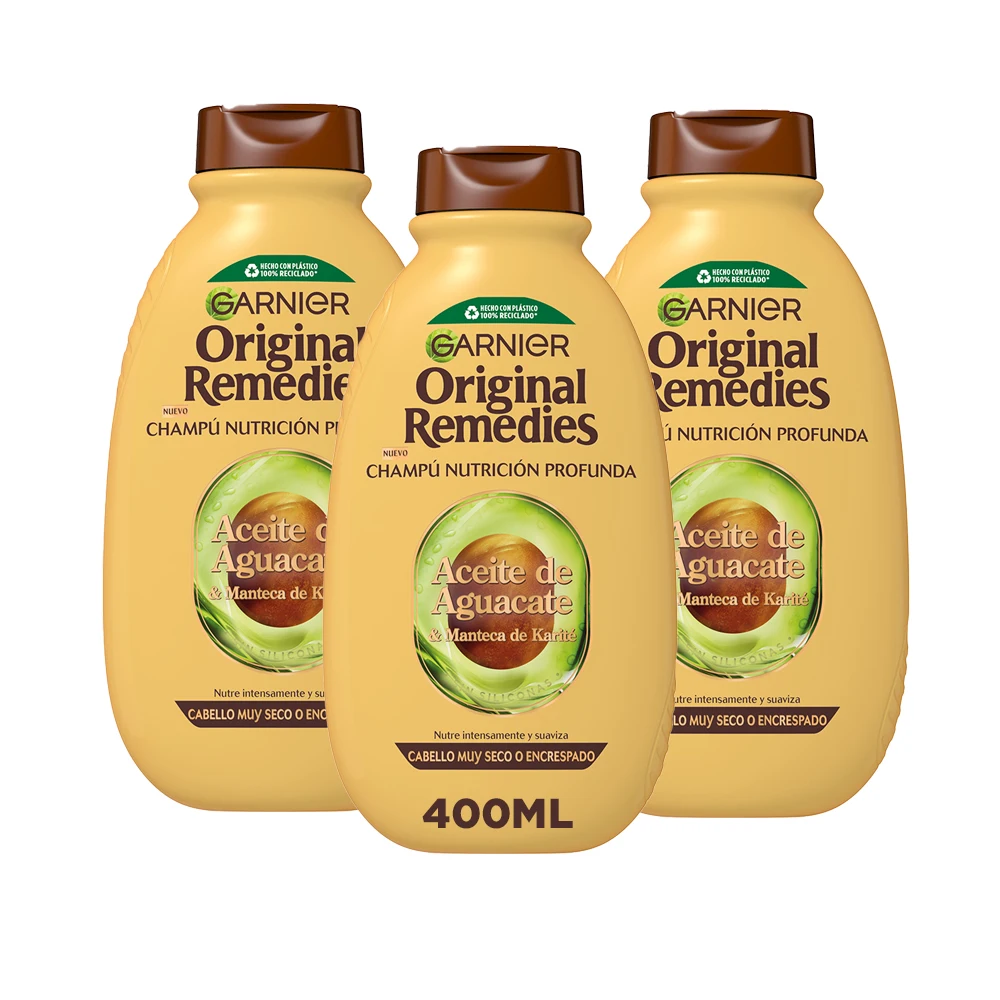 Garnier | Original Remedies Rutina de Aceite de Aguacate y Manteca de Karité Champú, Aceite en crema, mascarilla y Acondicionador de Nutrición Profunda  para pelo muy seco o encrespado