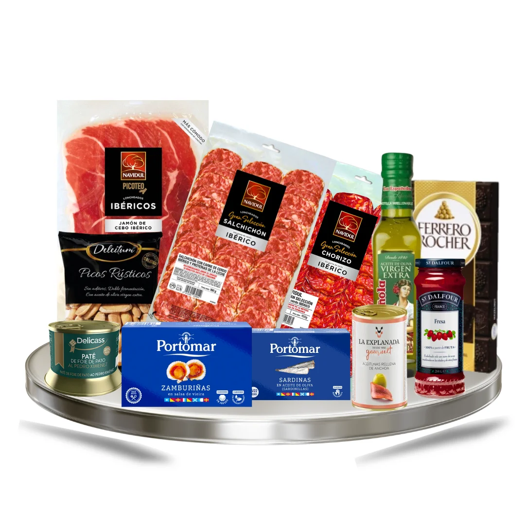 Familycom Cesta Gourmet con Ibéricos Navidul para Regalar - Surtido de Jamón Ibérico, Embutidos, Zamburiñas, Aceitunas, picos, Chocolate Ferrrero, mermelada - Regalos originales mujer y hombre