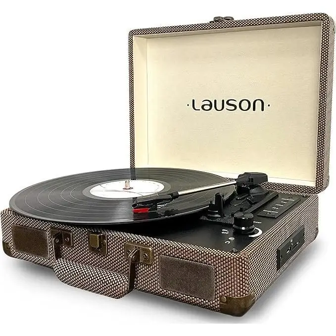 Vintage Lauson CL614 Turntable with Bluetooth, built-in speakers, and USB/SD reader, 3 speeds (33/45/78 RPM), Auto-Stop, and portable suitcase design for easy transport, ideal for vinyl lovers.