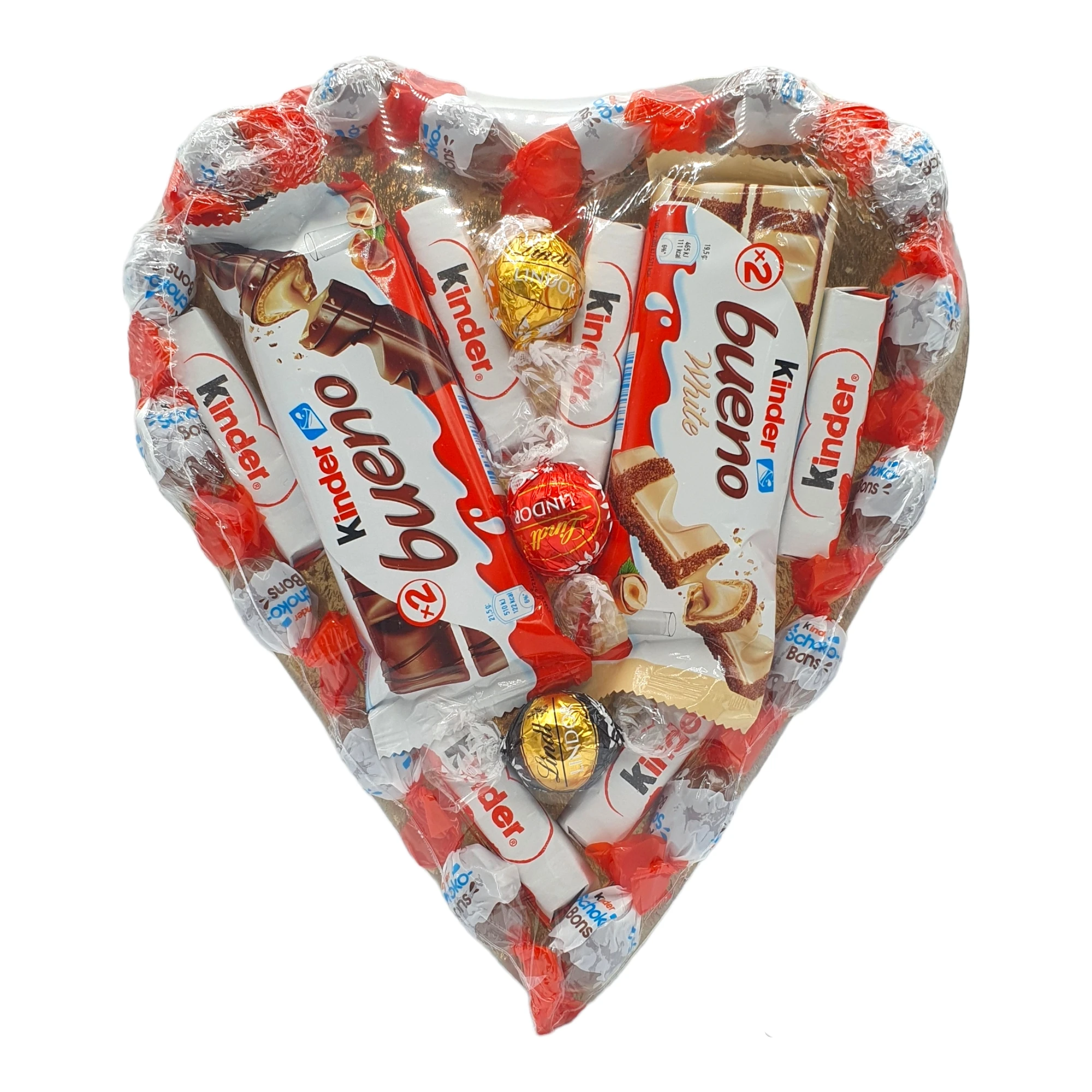 Chocolate heart with good kindergarten, Kinder Shochobons, Chocolate Kinder and Lindt chocolates. Ideal gift for couples. [IAMI]