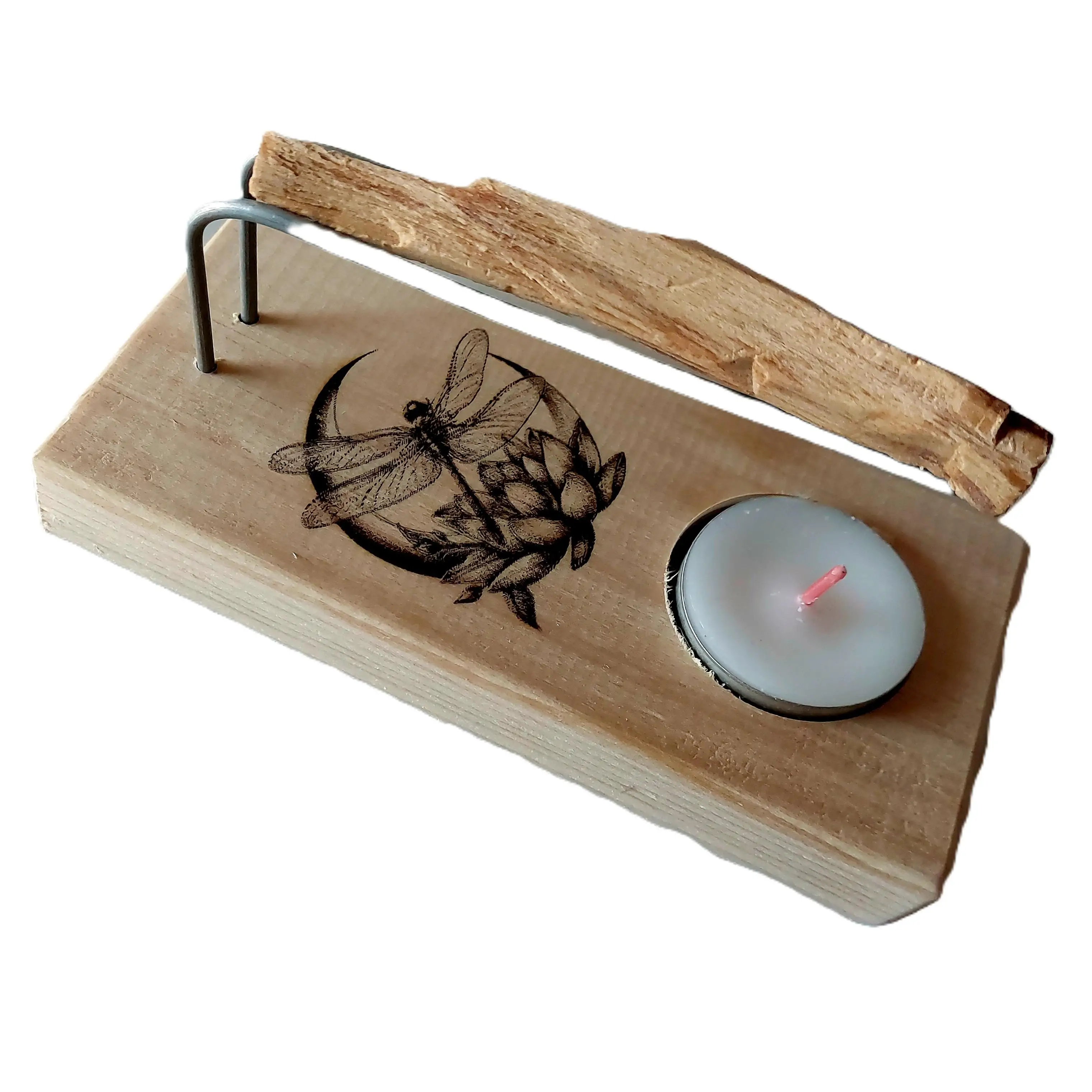 Handmade Natural Wood Palo Santo Burner with Metal Support, Includes Tea Light Candle and Genuine Palo Santo, Features Lotus Flower and Dragonfly Design, Safe and Stable for Incense Burning. #1