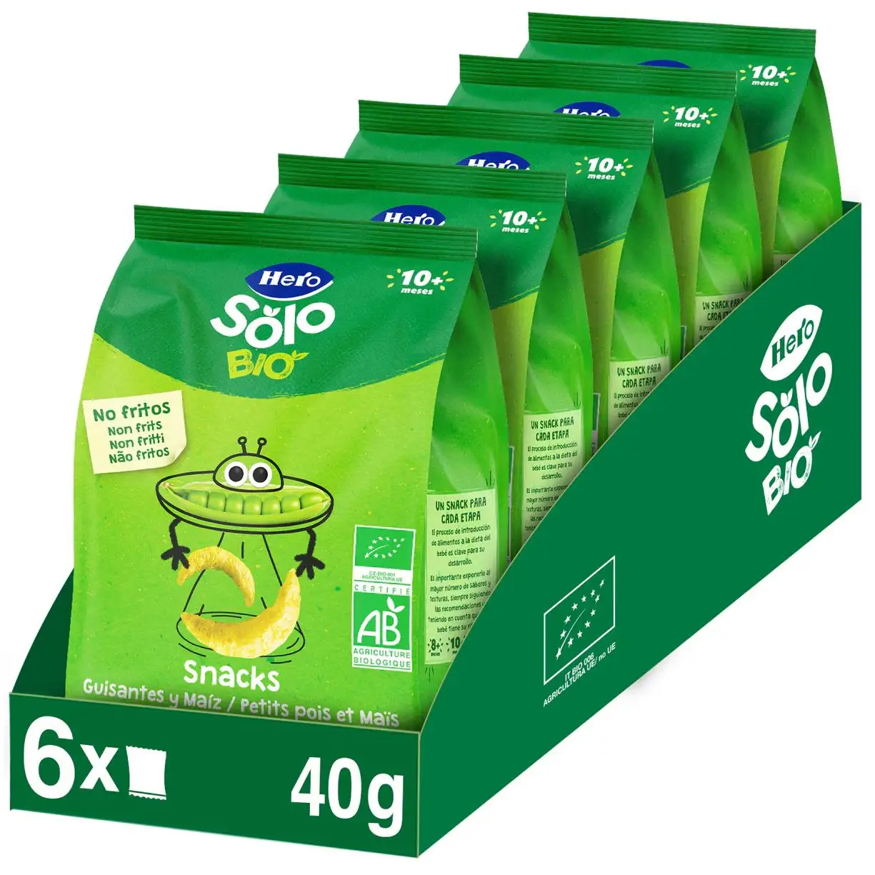 Snacks Hero Solo guisantes y maíz, 6 bolsitas x 40g