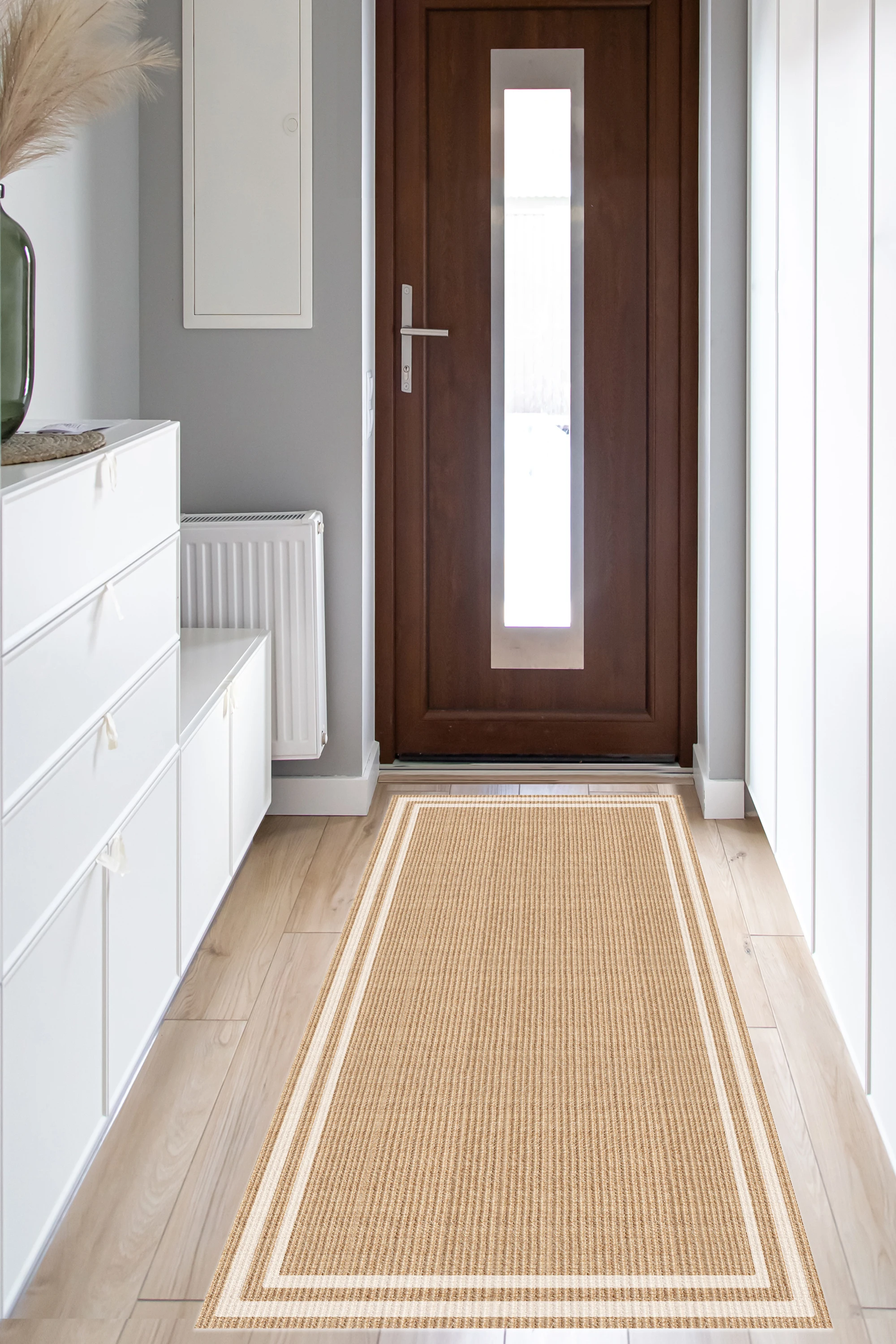 Viniliko, Alfombra de vinilo de alta calidad, acabado liso que facilita su higiene, con impresión de estampado de fibras naturales, Modelo AGNAN, disponible en medidas: 50x100, 50x140, 66x100, 66x150, 66x180, 66x250, 80x300, 100x133, 133x200 y 200x266
