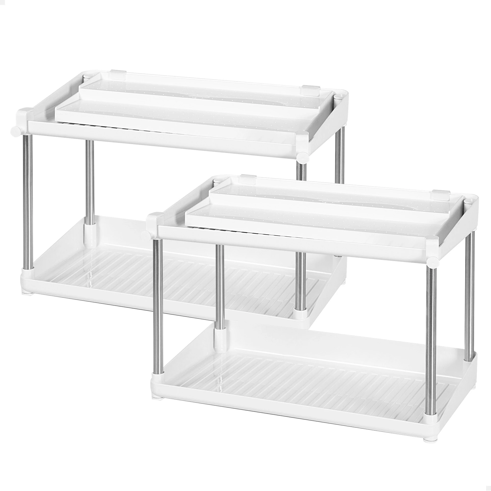 Max Home Pack 2 especieros de doble altura con bandeja extraíble, 37,5x19x25,5 cm, blanco y gris, ganchos frontales para colgar utensilios, estante especiero, organizador botes pequeños cocina,