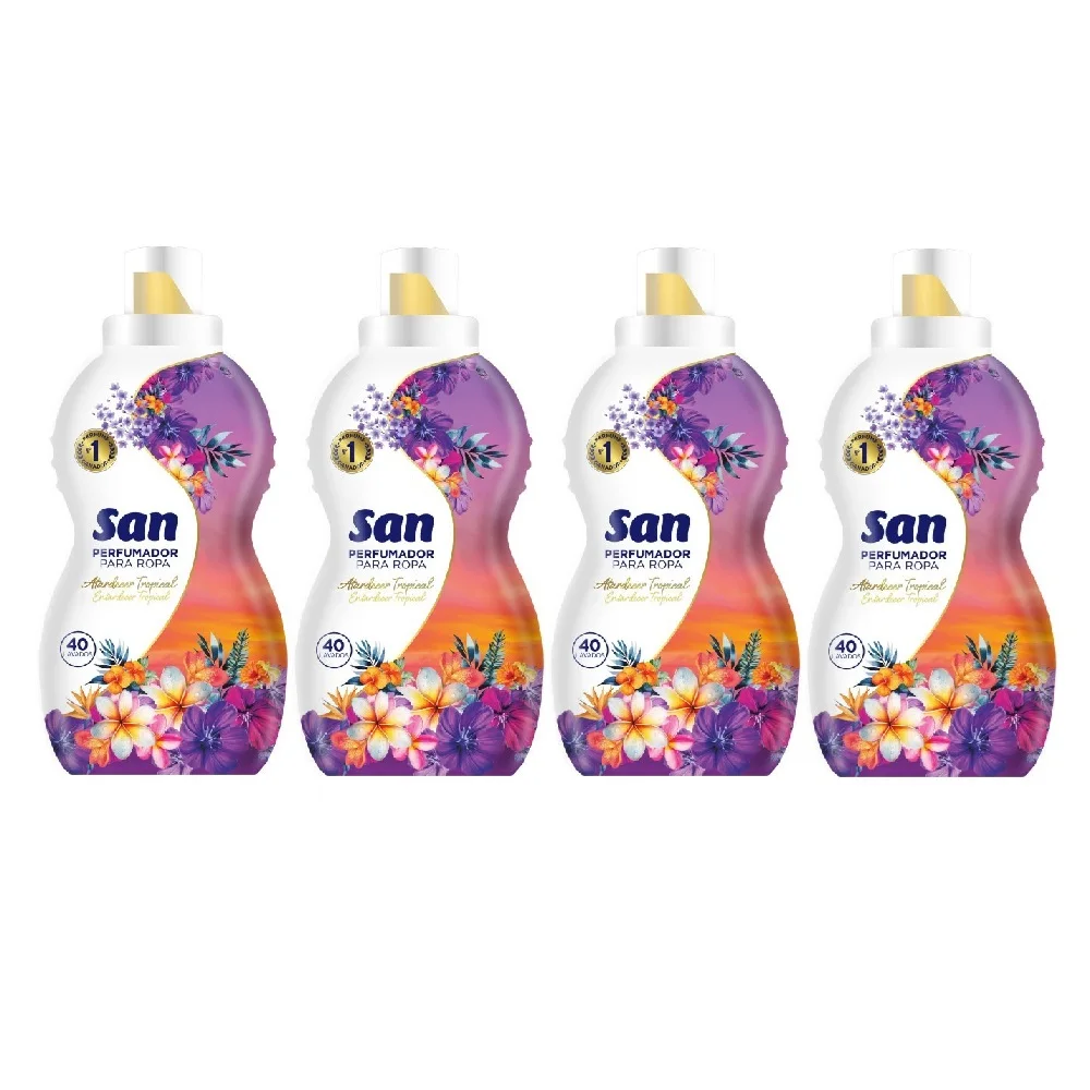 SAN Perfumador para Lavadora Tropical 40 Lavados 800ml (Pack de 4), Líquido Concentrado para Ropa, Fragancia Altamente Sensorial, Sofisticada y Duradera, Olor Afrutado combinado con Flores Tropicales
