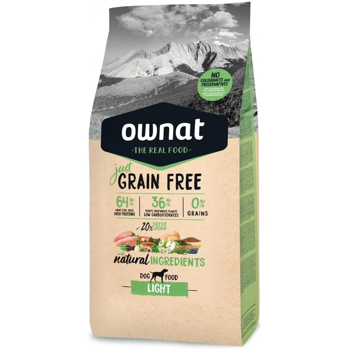 Ownat Just Grain free Light, control de peso, alto en carnes, sin cereales, mejor calidad precio