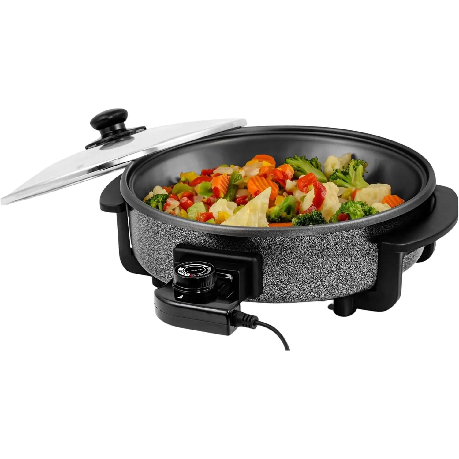 Paellera Eléctrica Multifunción 1500W con Termostato Regulable, Diámetro 36 cm y Profundidad 9 cm, Sartén Eléctrica Antiadherente con 5 Niveles de Temperatura, Asas de Toque Frío y Tapa de Vidrio