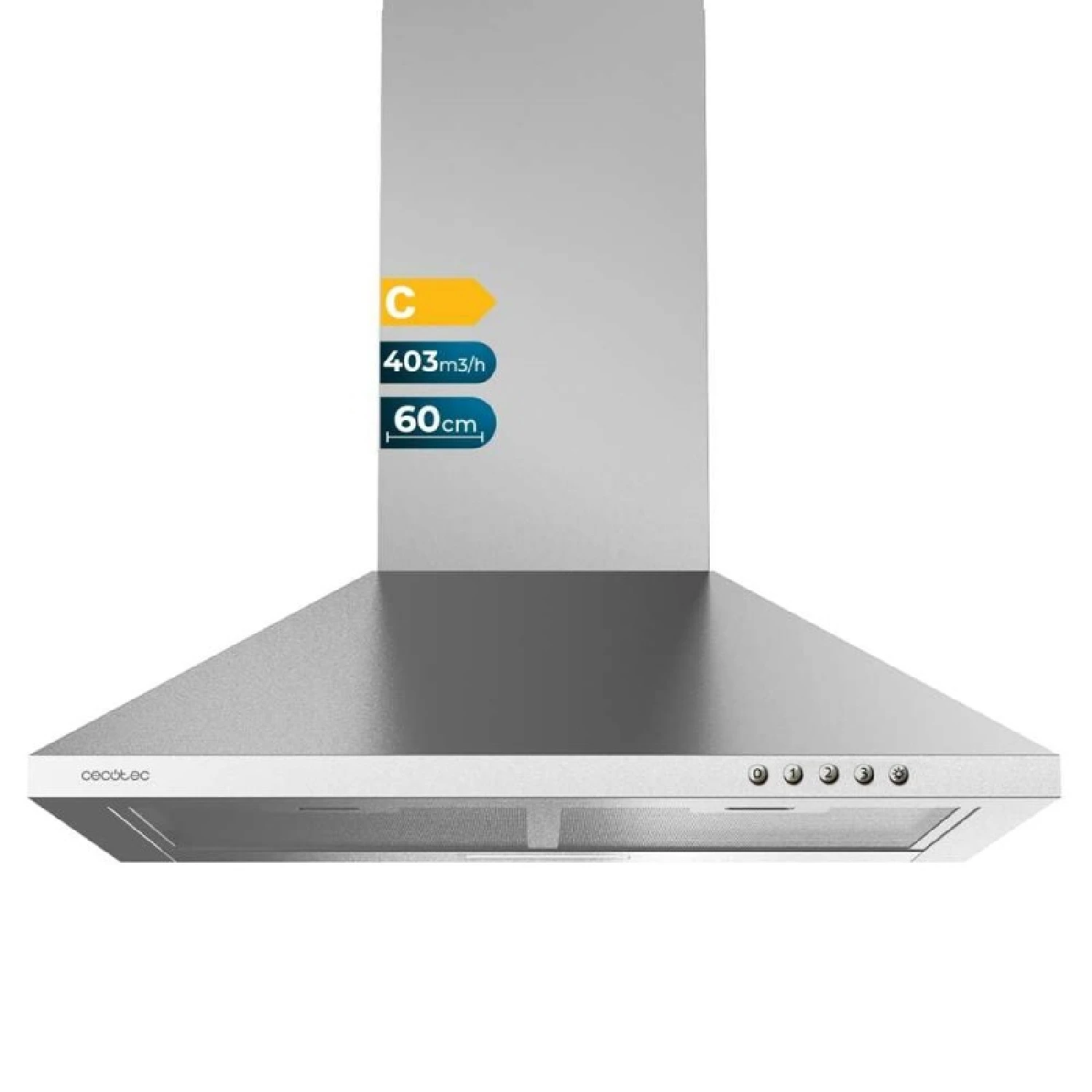 Cecotec Campana Extractora de 60 cm Flux PM 604300 Inox C. Forma de Pirámide Acabado Inox Potencia Succión 403m3/h Motor 105W Clase C Control
