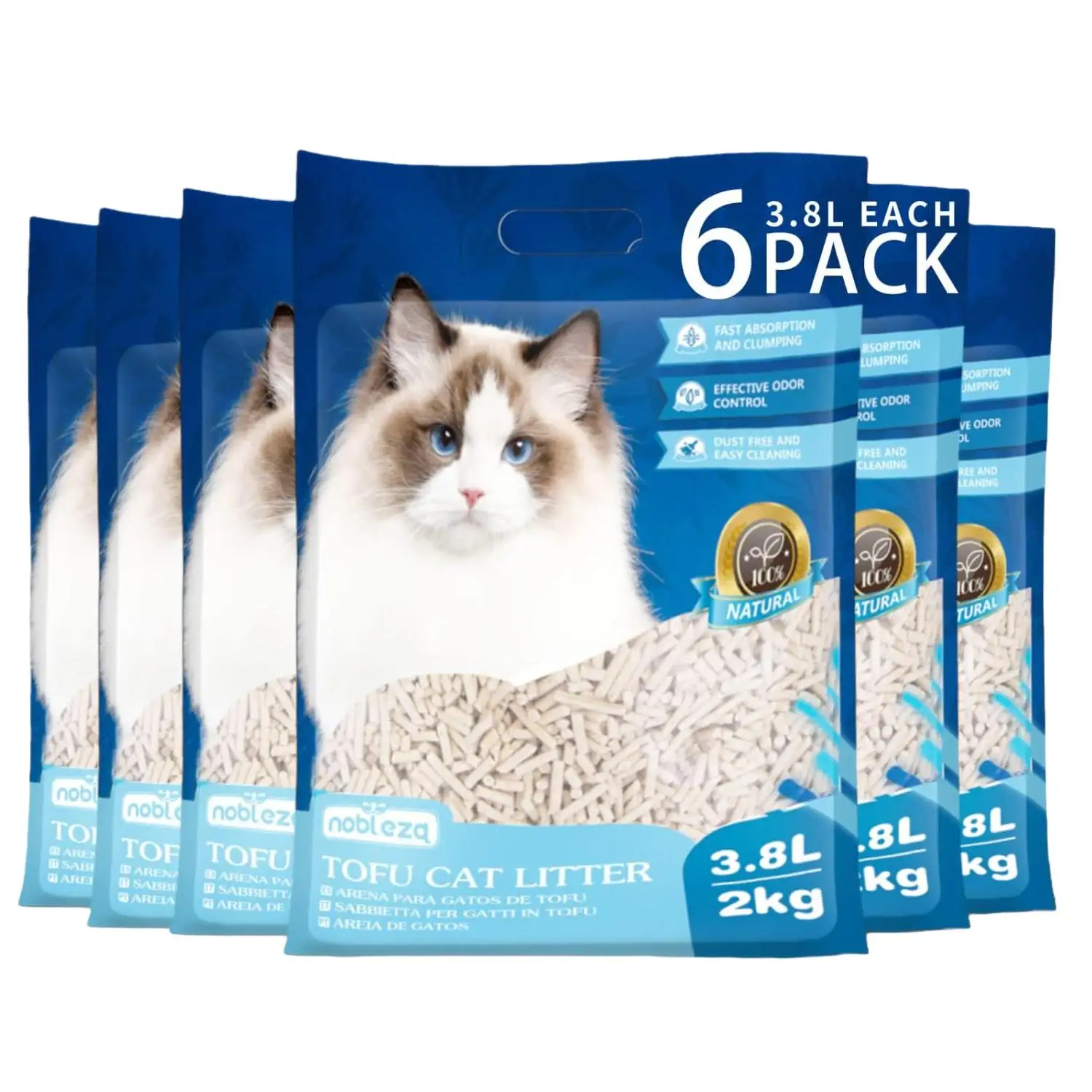 Arena para Gatos 2 Kg aglomerante Libre de Polvo, Reciclable y Biodegradable , Extra Absorbente, sin perfume, Nobleza