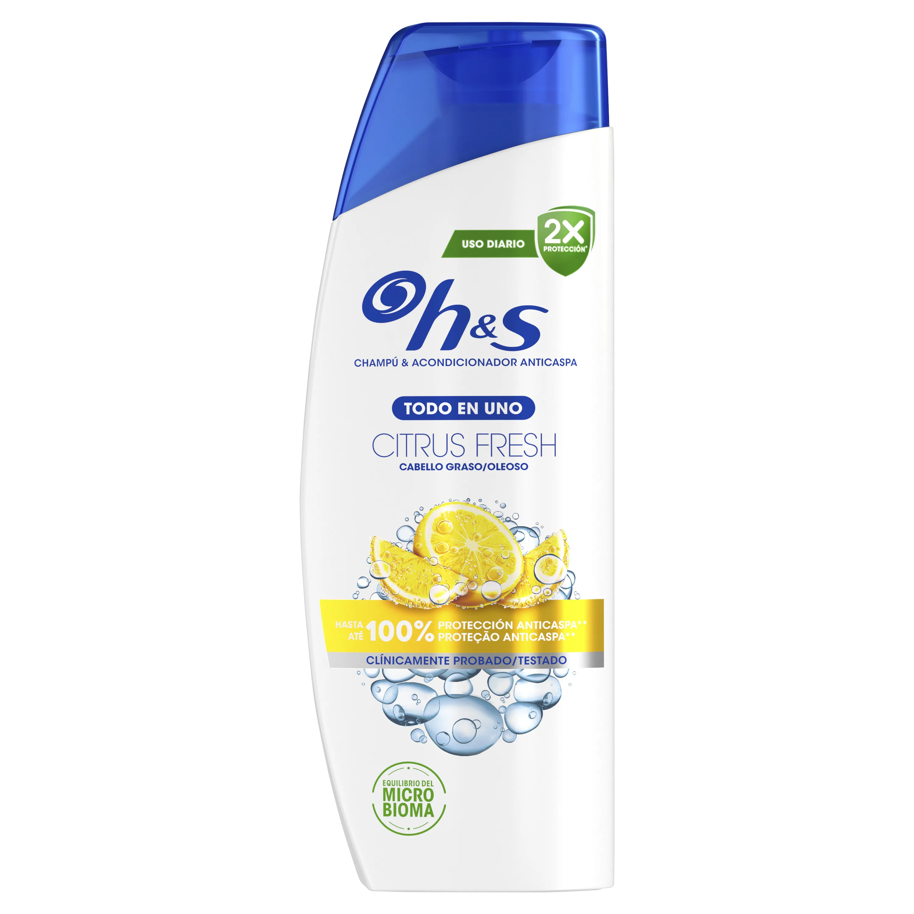 H & S Citrus Fresh all-in-one anti-dandruff shampoo and conditioner for oily hair. Up to 100% anti-dandruff protection, clinically proven. For daily use. Freshness and cleaning with citrus Aroma. 300ml