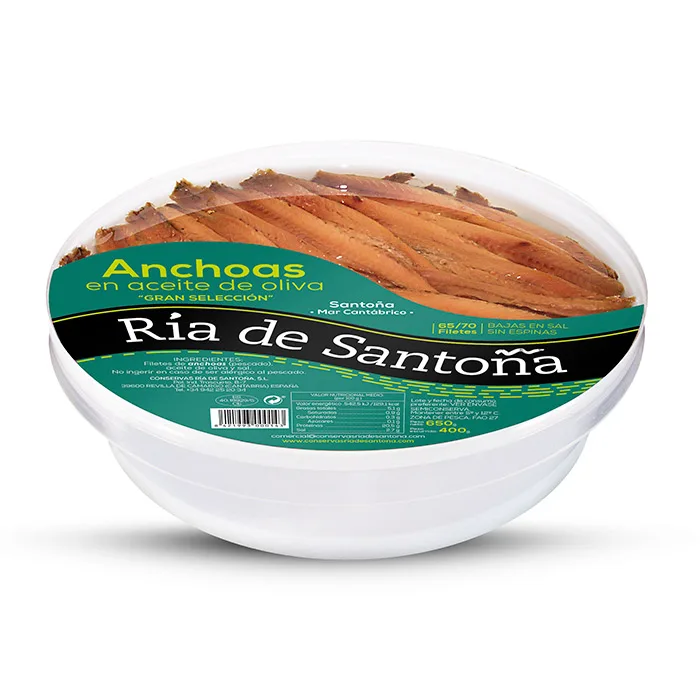 Cantabrian anchovies Ria Santoña 65-70 steaks from the Santoña estuary in Extra virgin olive oil: authentic Cantabrian Sea Delight, low in salt and without thorns, drained weight 400 gr