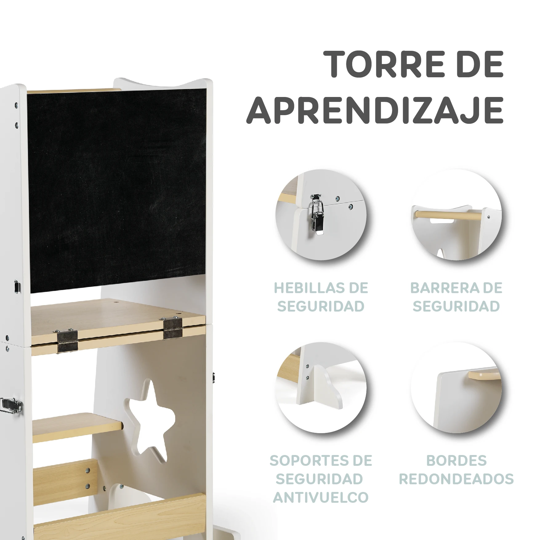 Ms - learn up children's montessori wooden learning tower -convertible into children's desk and stool -solid wood kitchen helper tower with safety bar - foldable (wood)