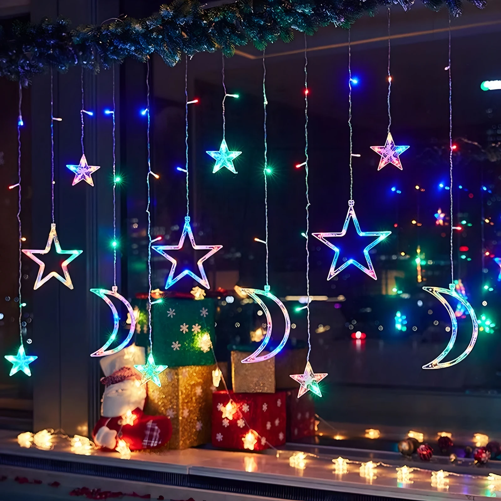 Aigostar luces de cortina de Navidad con estrellas y lunas RGB, 3M*3M*0.6M, 8 Modos Cadena de Luces con Remoto, 120 LED, temporizador, Resistente al Agua, para exterior y Interior, decoracion navidad