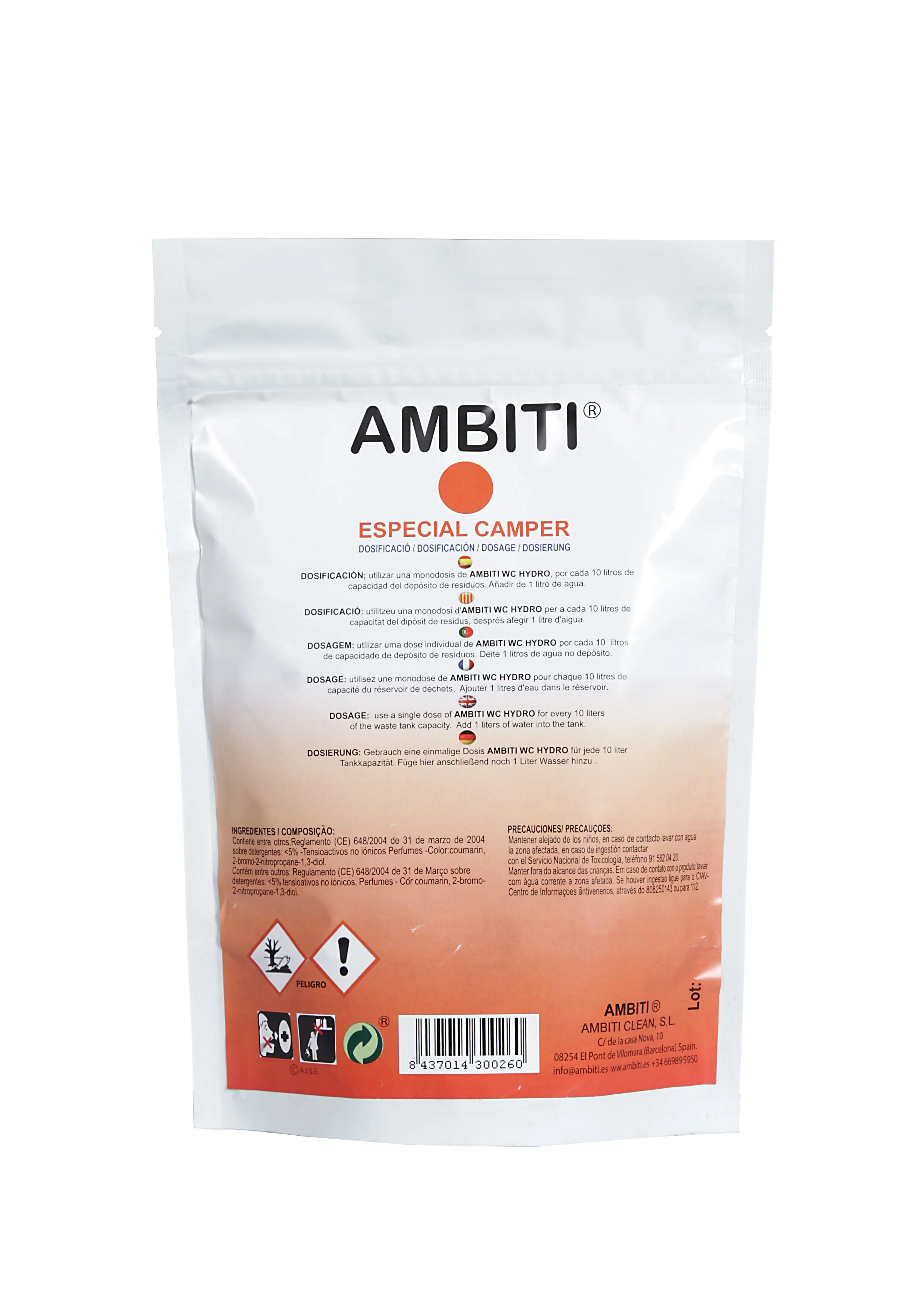 Ambiti Hydro Camper single-dose water soluble for portable toilets decomposition and waste removal fragrance Piña Colada 20 doses of 10g keep your Camper fresh and free of unpleasant odors with this Biodegradable additive