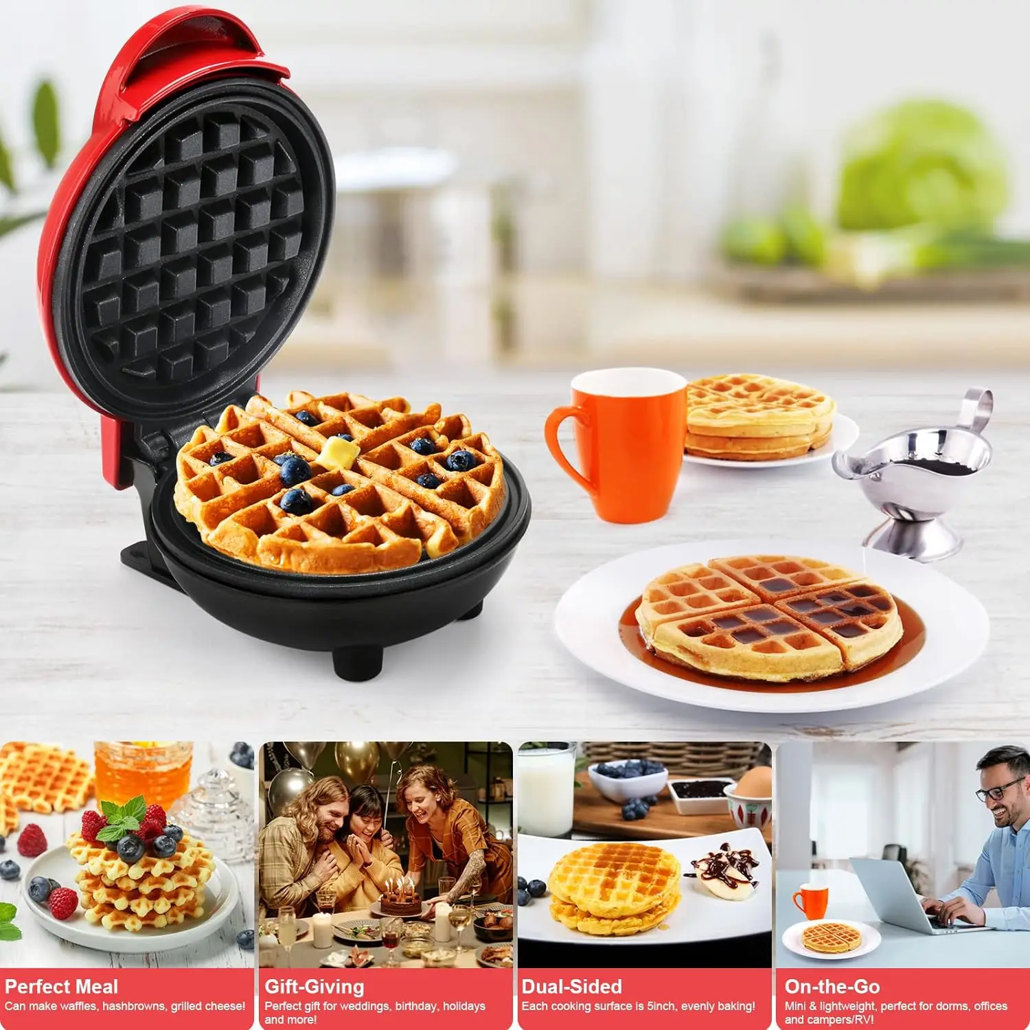 350W Mini Waffle Maker, single Waffle Maker, Waffle Maker, Waffle iron machine, non-stick, handle with cold touch, small automatic appliance for kitchen, family party celebration, pastry, cafeteria, Bar, red