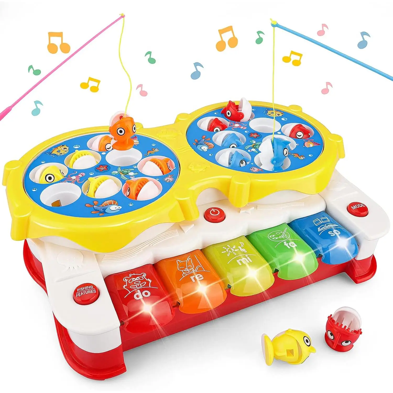 Jueguete con musical, Aparatos con teclas de Piano, Juego de Pesca Niños, 5 en 1 Juego Pescar Peces con Musical, Montessori Juguete de Pesca Mesa Educativo Preescolares, Regalo Cumpleaños Navidad