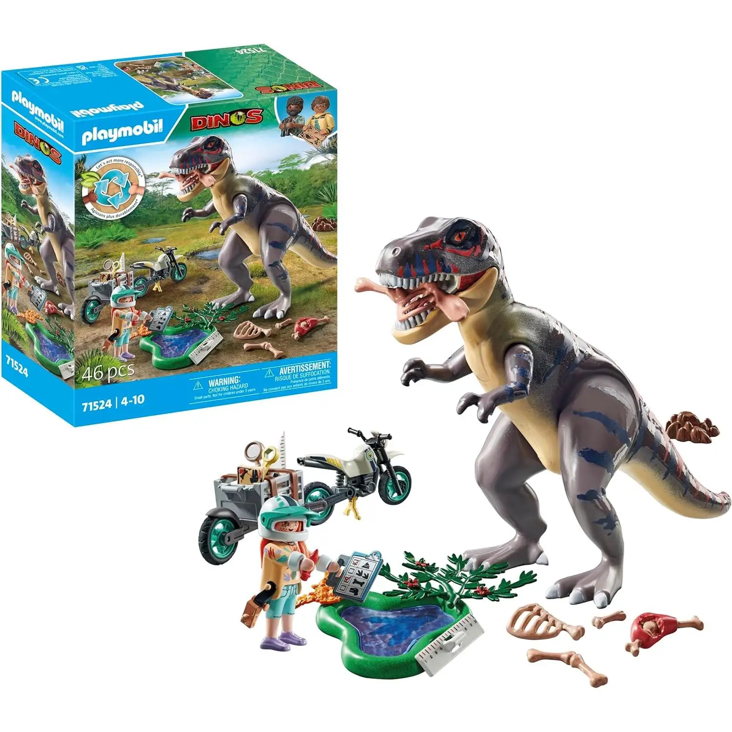 PLAYMOBIL Dinos 71524 T-Rex y rastreador, emocionante búsqueda del Tyrannosaurus Rex, con Motocicleta, cámara y Verdaderos Huesos de Dinosaurio,+ 4 años