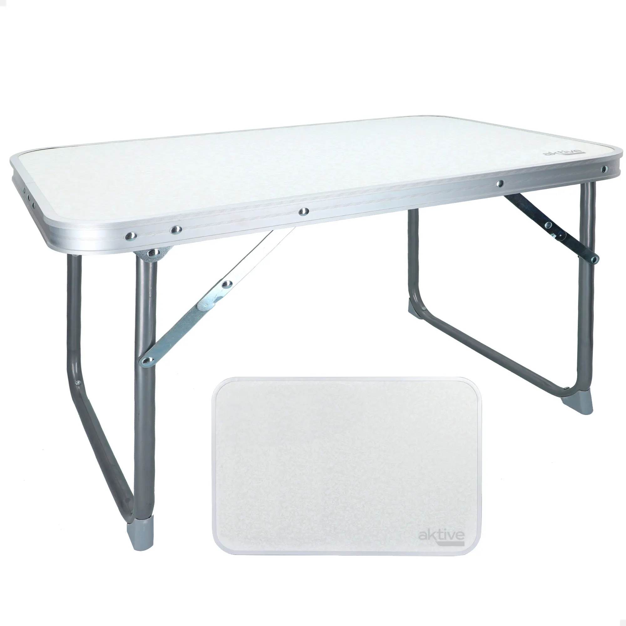Aktive - Mesa plegable camping, color blanco, 60x40x40 cm, uso exterior, patas plegables, soporta 30 kg, estructura acero, tablero madera MDF, antideslizante, topes antivuelco, plegado compacto, mesa