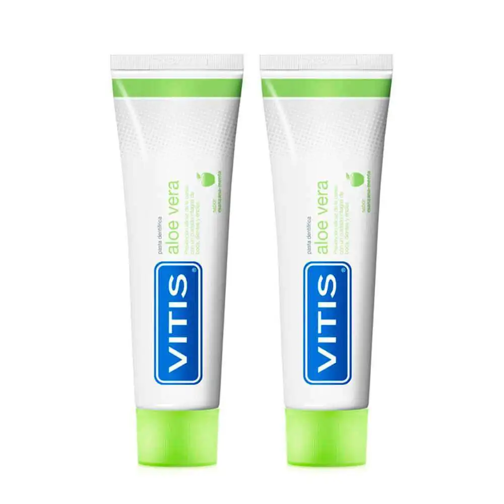 Vitis Aloe Vera Toothpaste Apple 2 X 150g, probiotic toothpaste with triple action for decay repair and whitening, enhances oral care routine with effective cleaning and fresh breath.