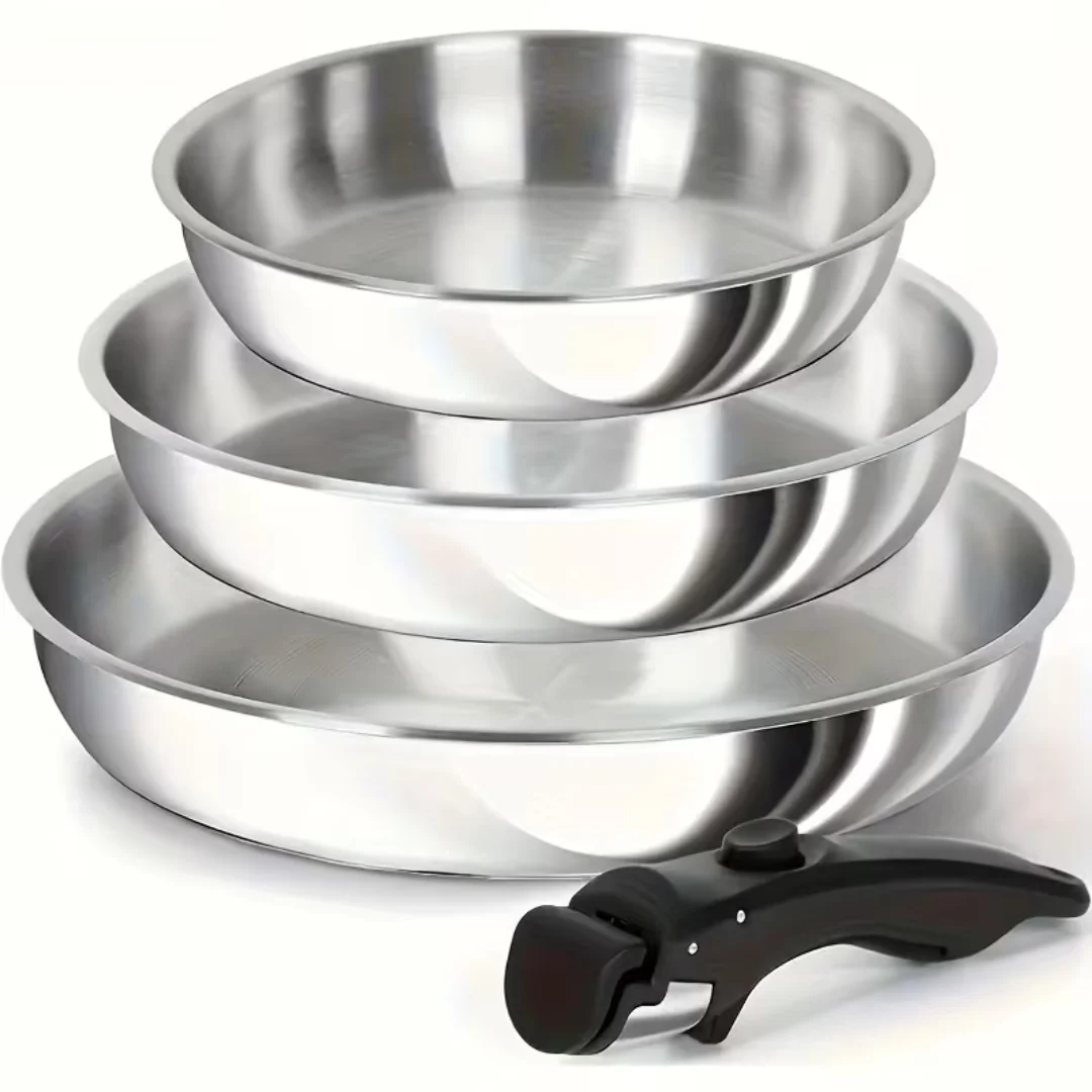 Set de Sartenes de Acero Inoxidable 18/8 con Mango Extraíble – 3 Tamaños, Apto para Inducción y Lavavajillas